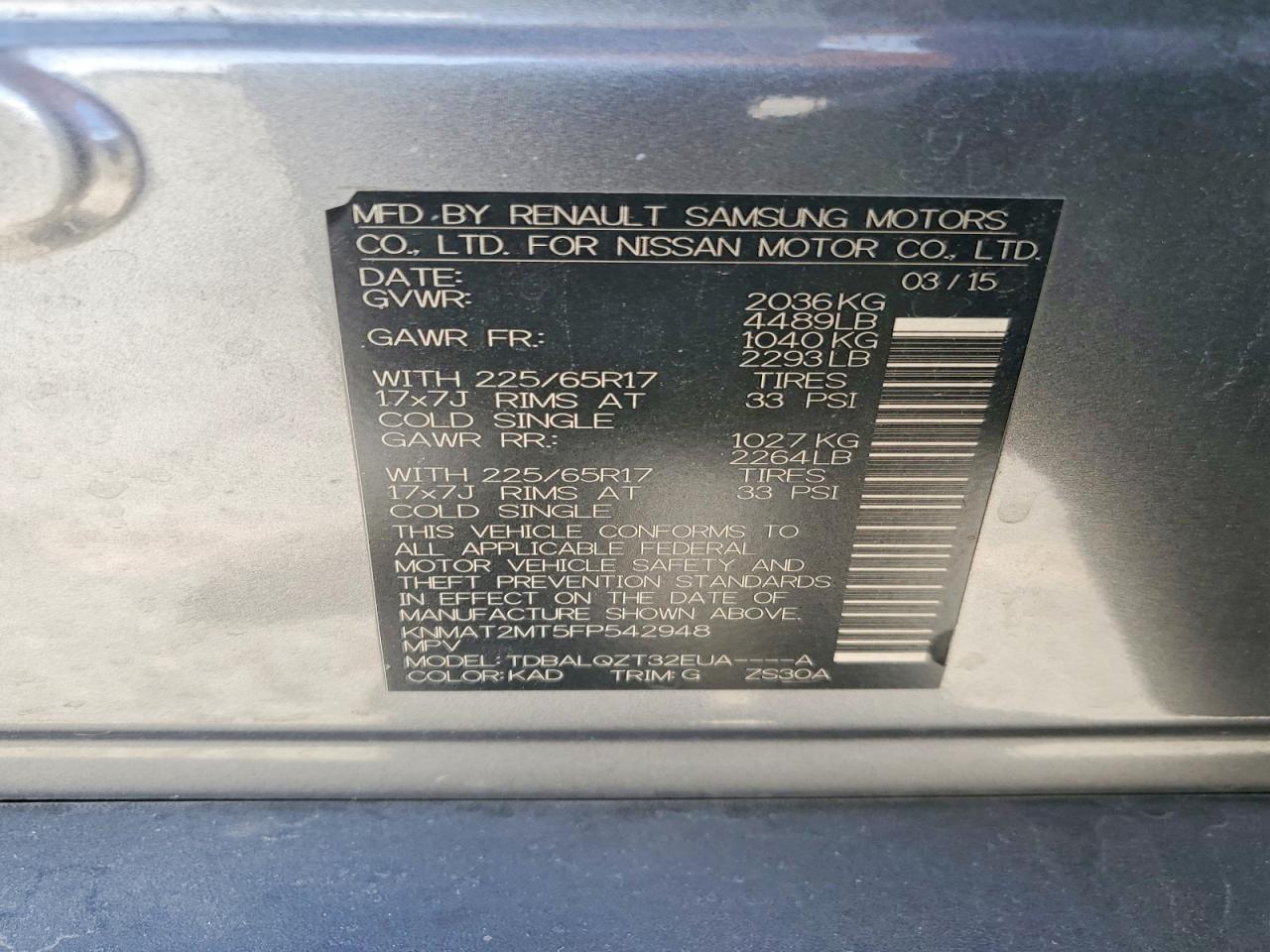2015 Nissan Rogue Sv Charcoal vin: KNMAT2MT5FP542948