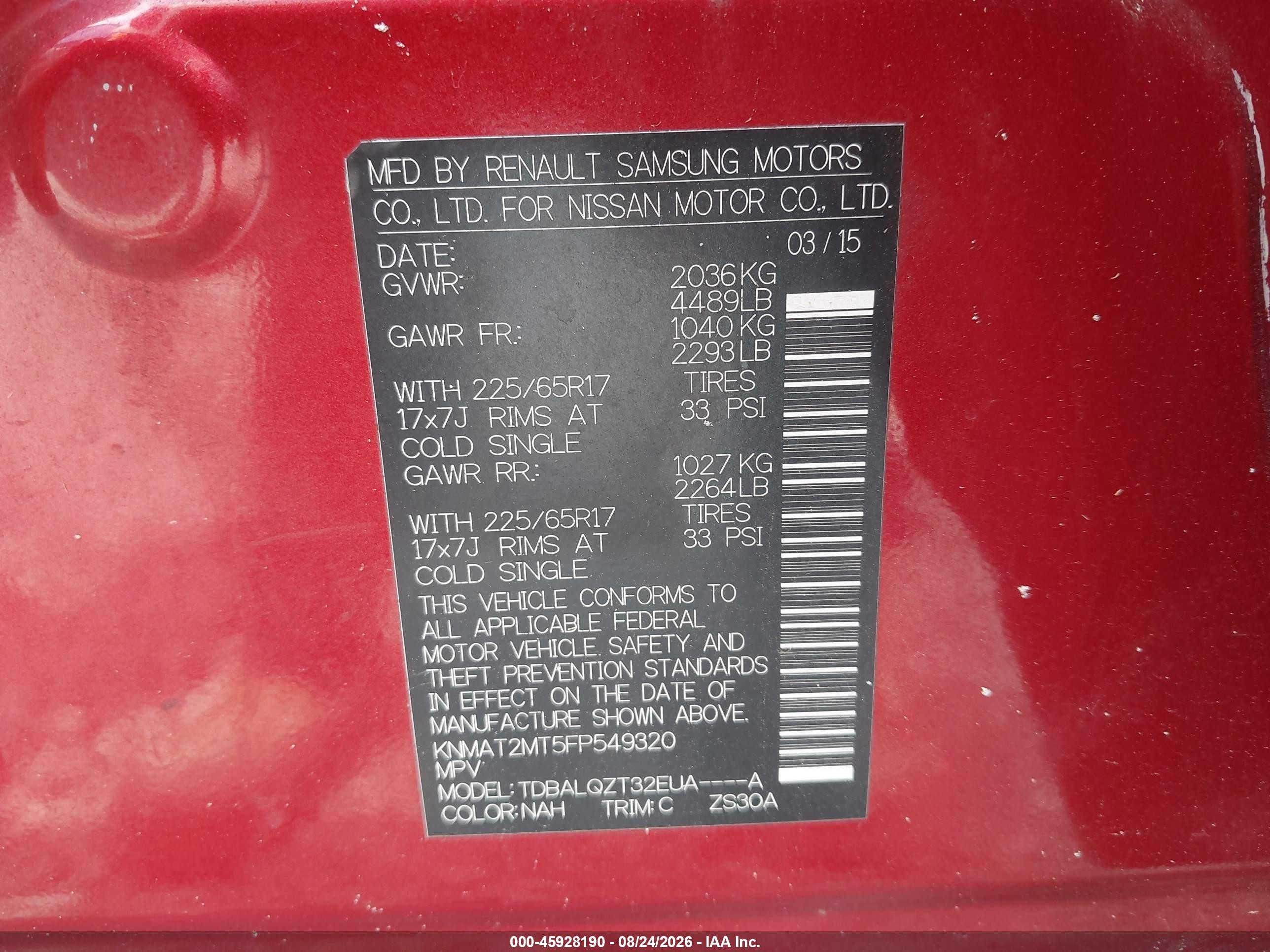 2015 Nissan Rogue Sv Maroon vin: KNMAT2MT5FP549320