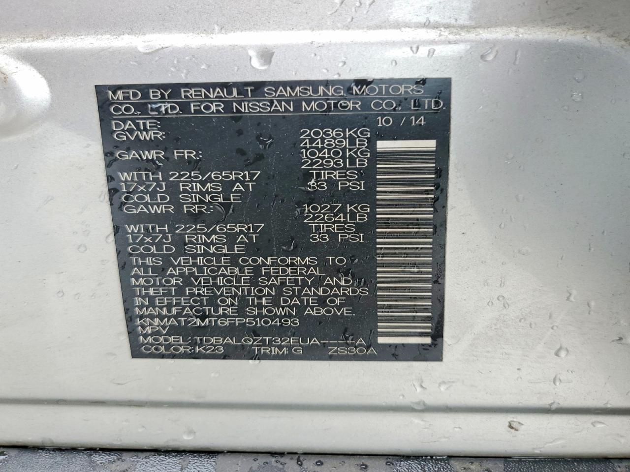 2015 Nissan Rogue Sv Charcoal vin: KNMAT2MT6FP510493