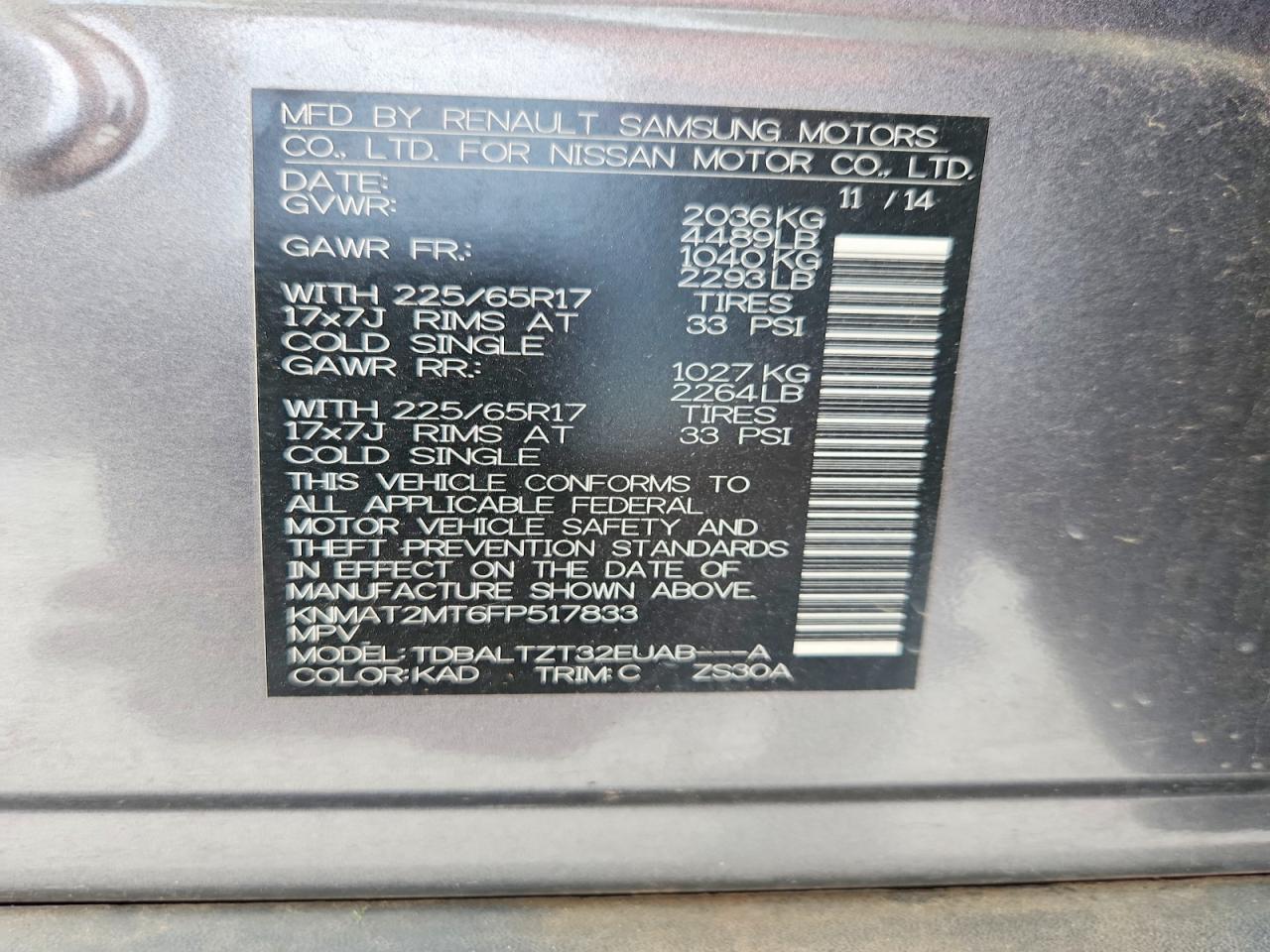 2015 Nissan Rogue Sv Gray vin: KNMAT2MT6FP517833