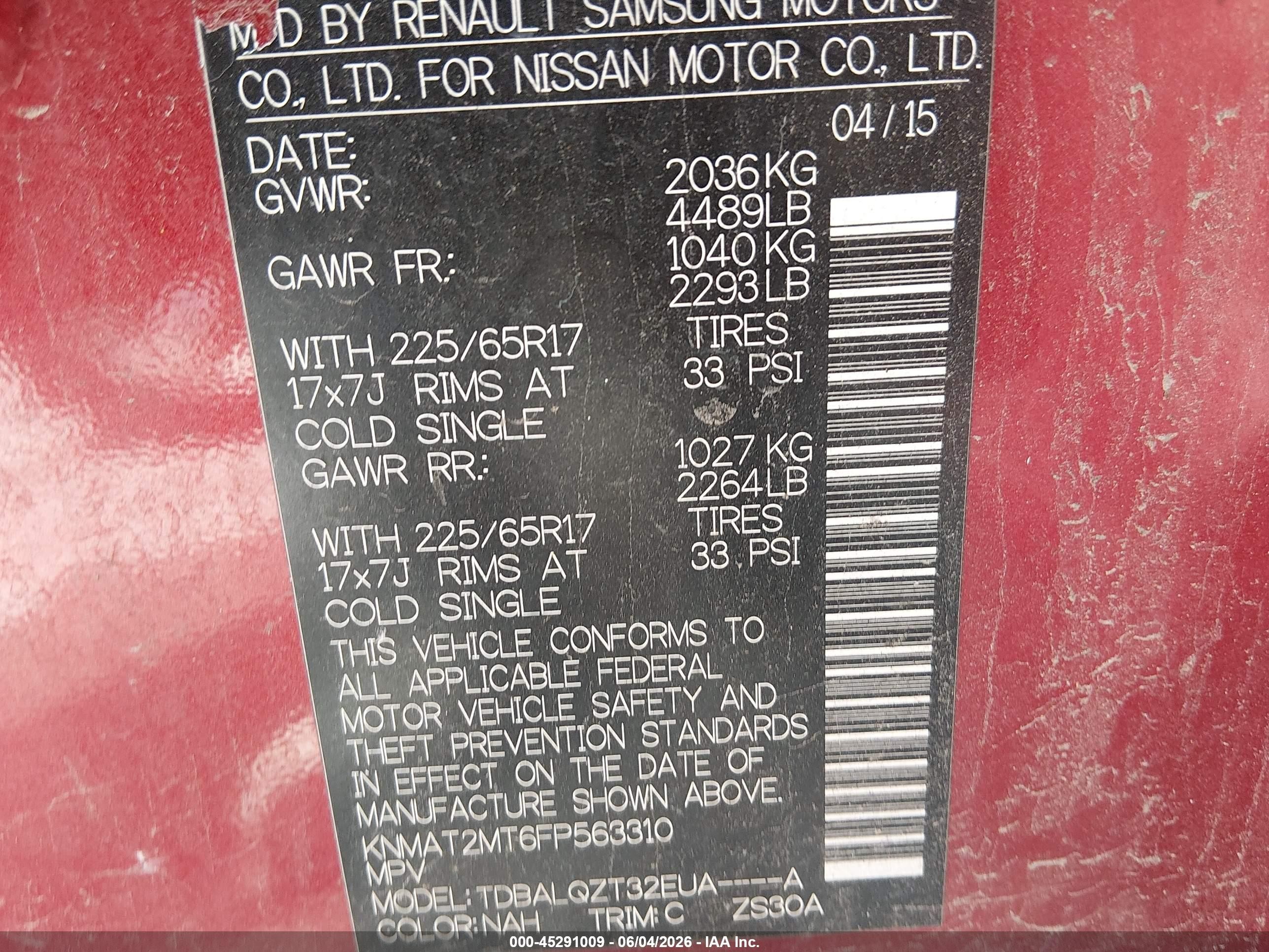 2015 Nissan Rogue Sv Burgundy vin: KNMAT2MT6FP563310