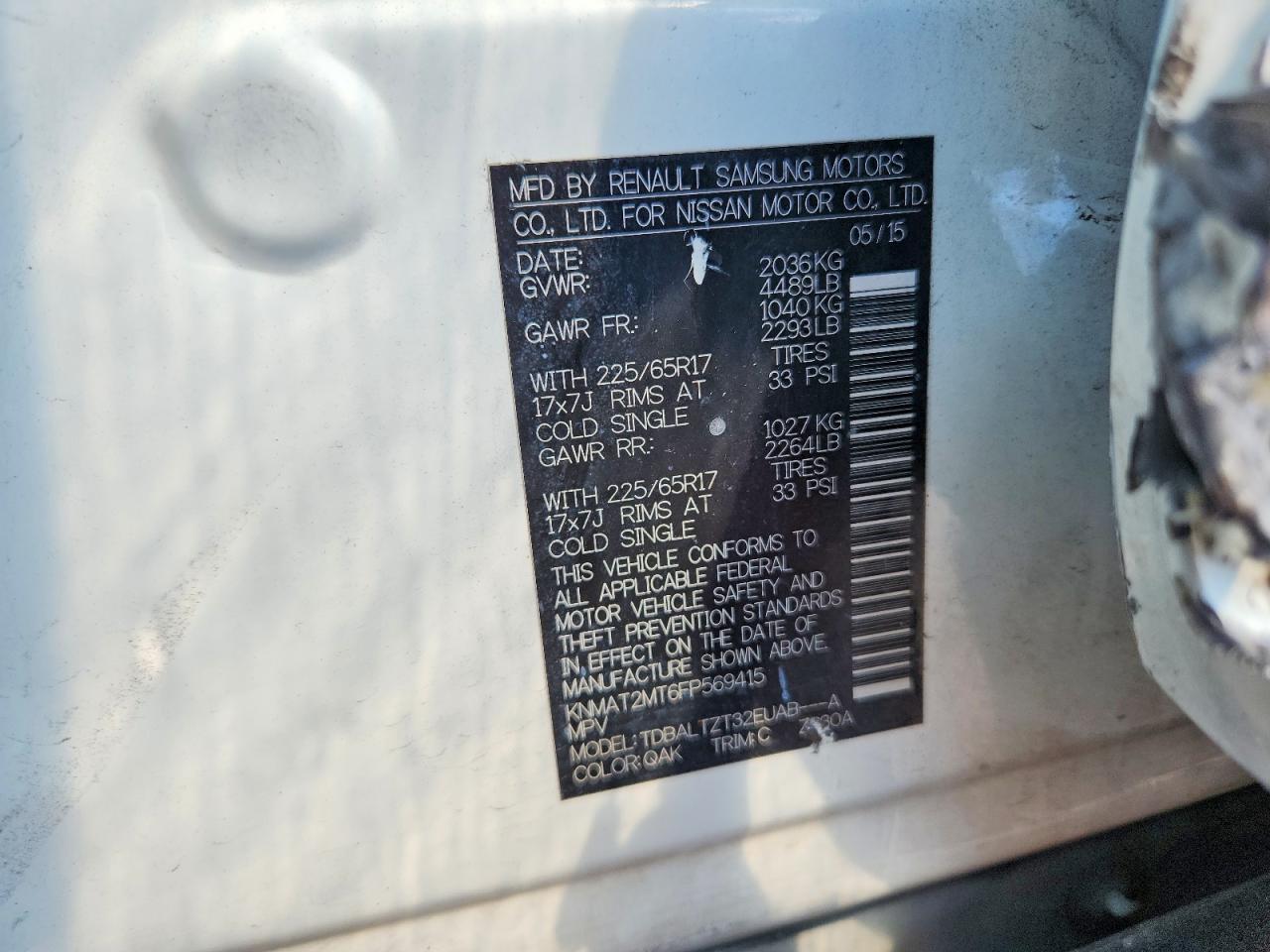 2015 Nissan Rogue Sv White vin: KNMAT2MT6FP569415