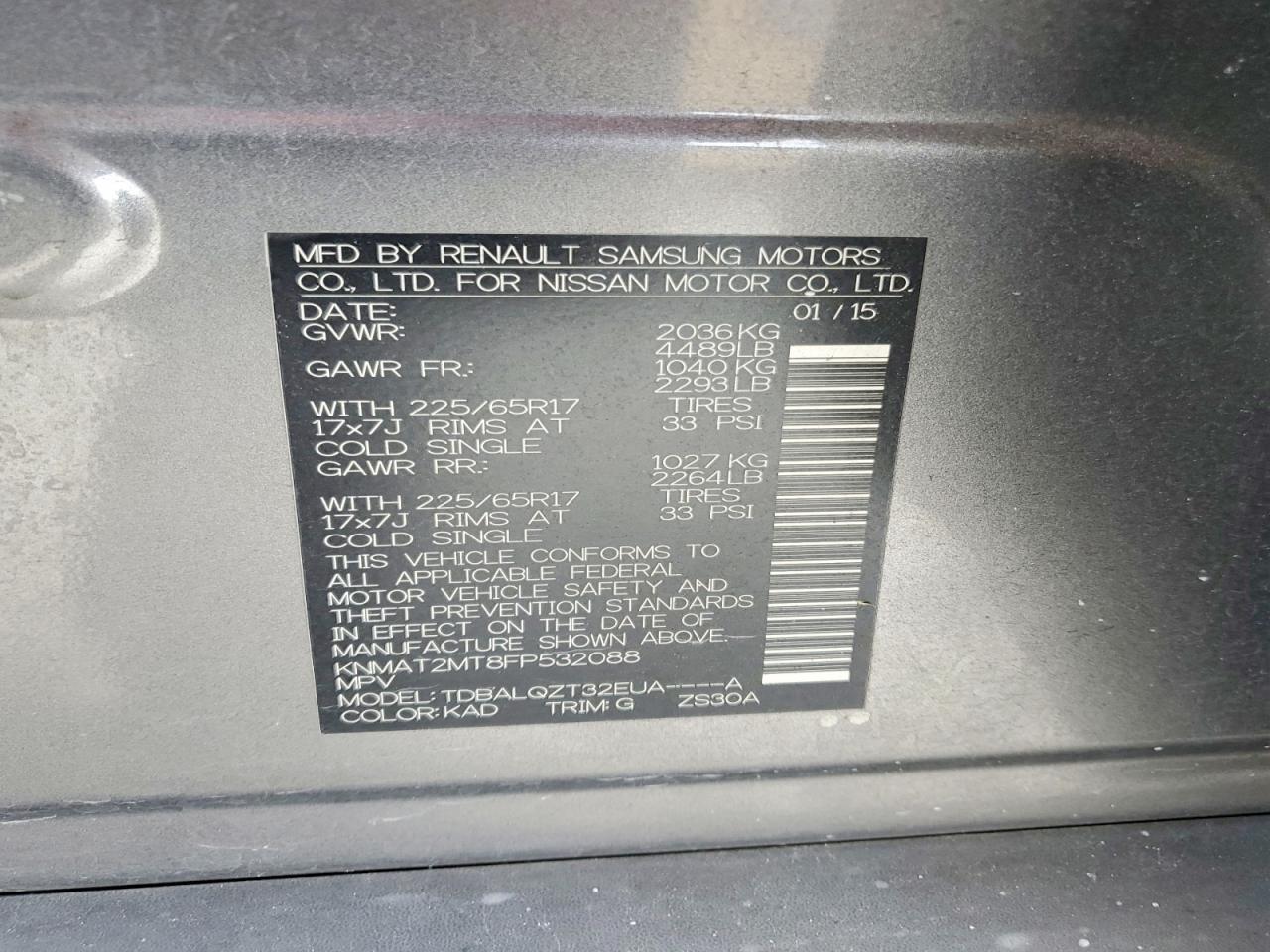 2015 Nissan Rogue Sv Gray vin: KNMAT2MT8FP532088