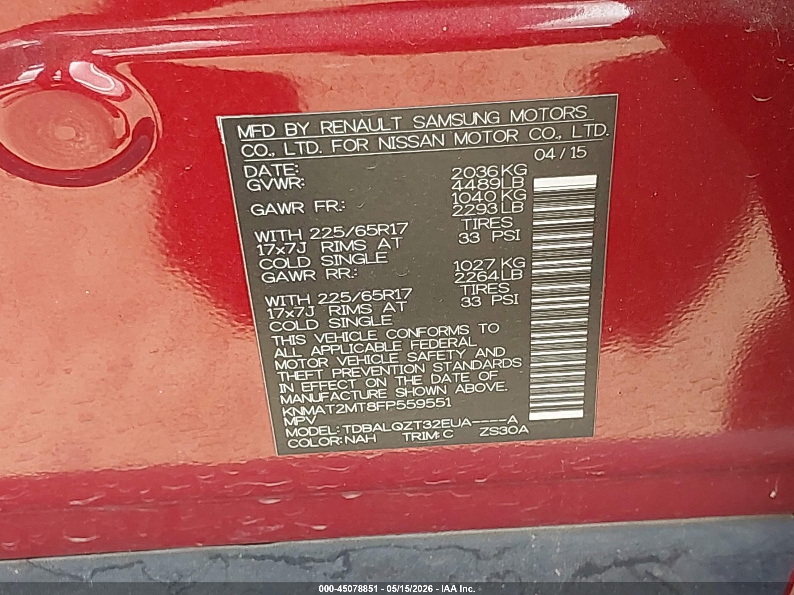 2015 Nissan Rogue Sv Maroon vin: KNMAT2MT8FP559551