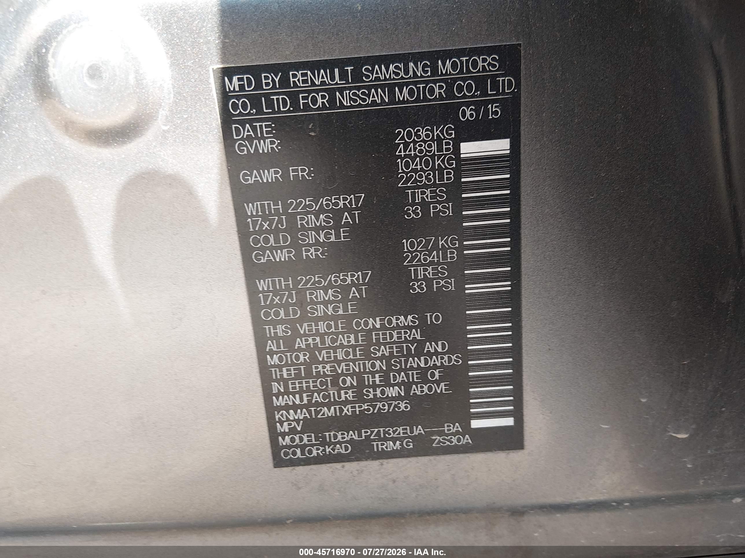 2015 Nissan Rogue S Gray vin: KNMAT2MTXFP579736