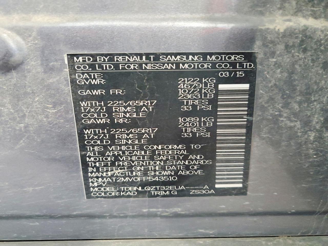 2015 Nissan Rogue Sv Charcoal vin: KNMAT2MV0FP543510