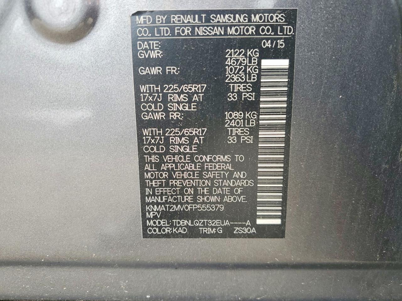2015 Nissan Rogue Sv Gray vin: KNMAT2MV0FP555379