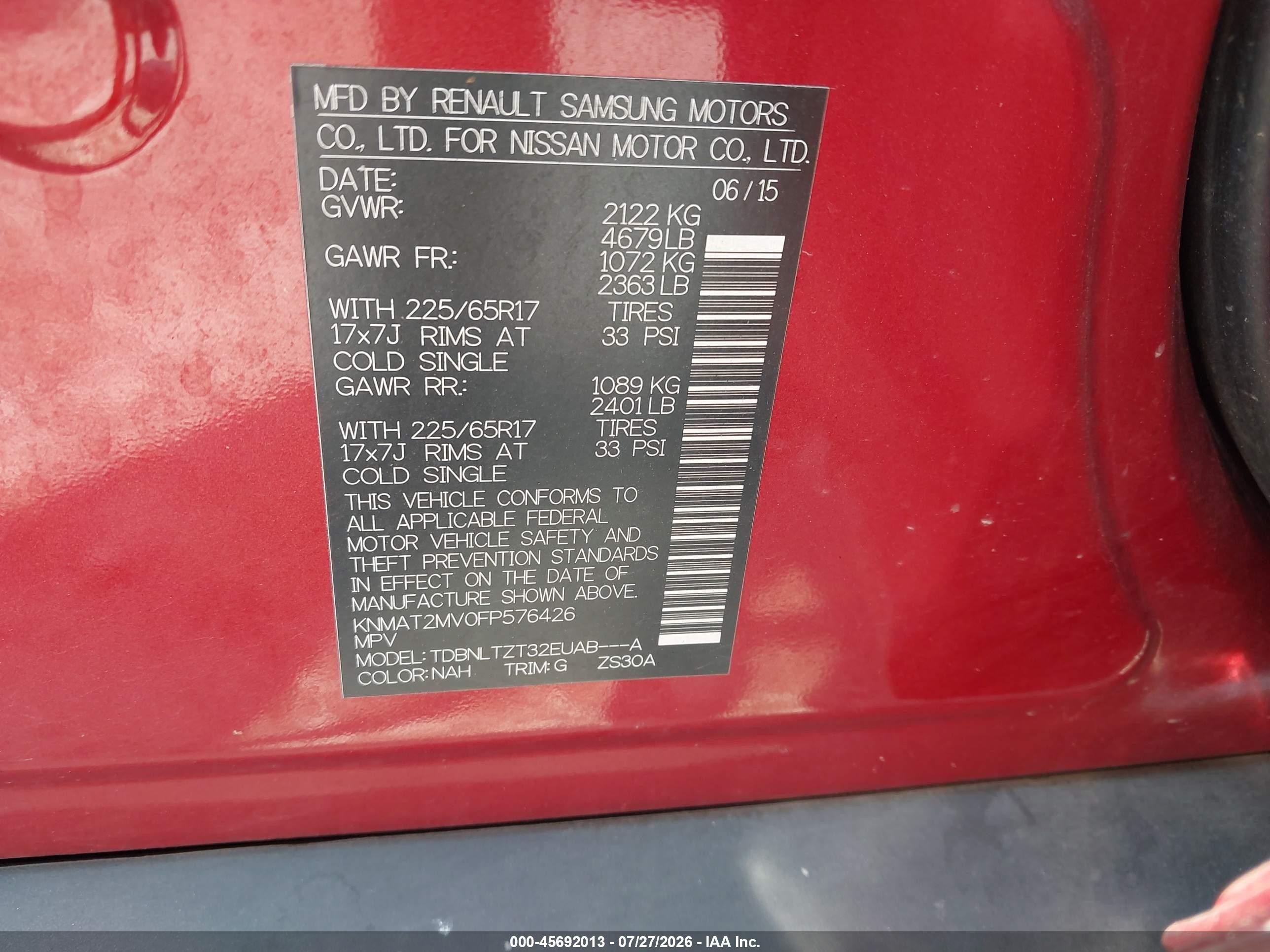 2015 Nissan Rogue Sv Red vin: KNMAT2MV0FP576426