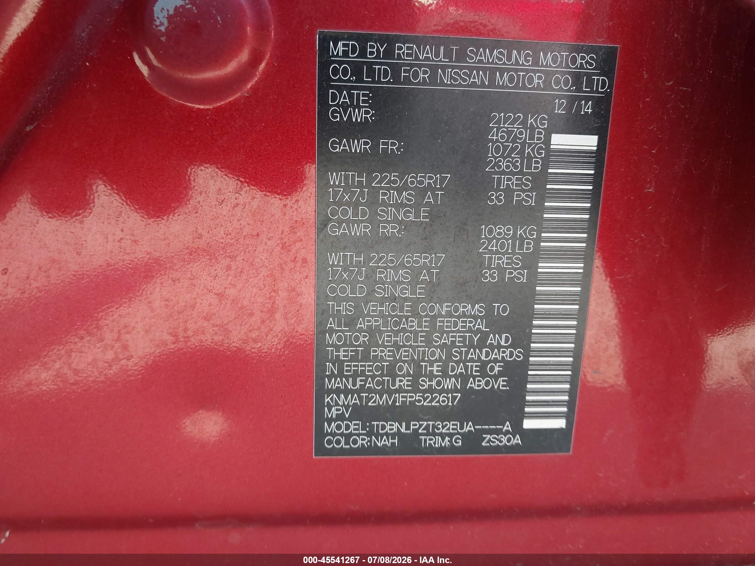 2015 Nissan Rogue S Темно-бордовый vin: KNMAT2MV1FP522617