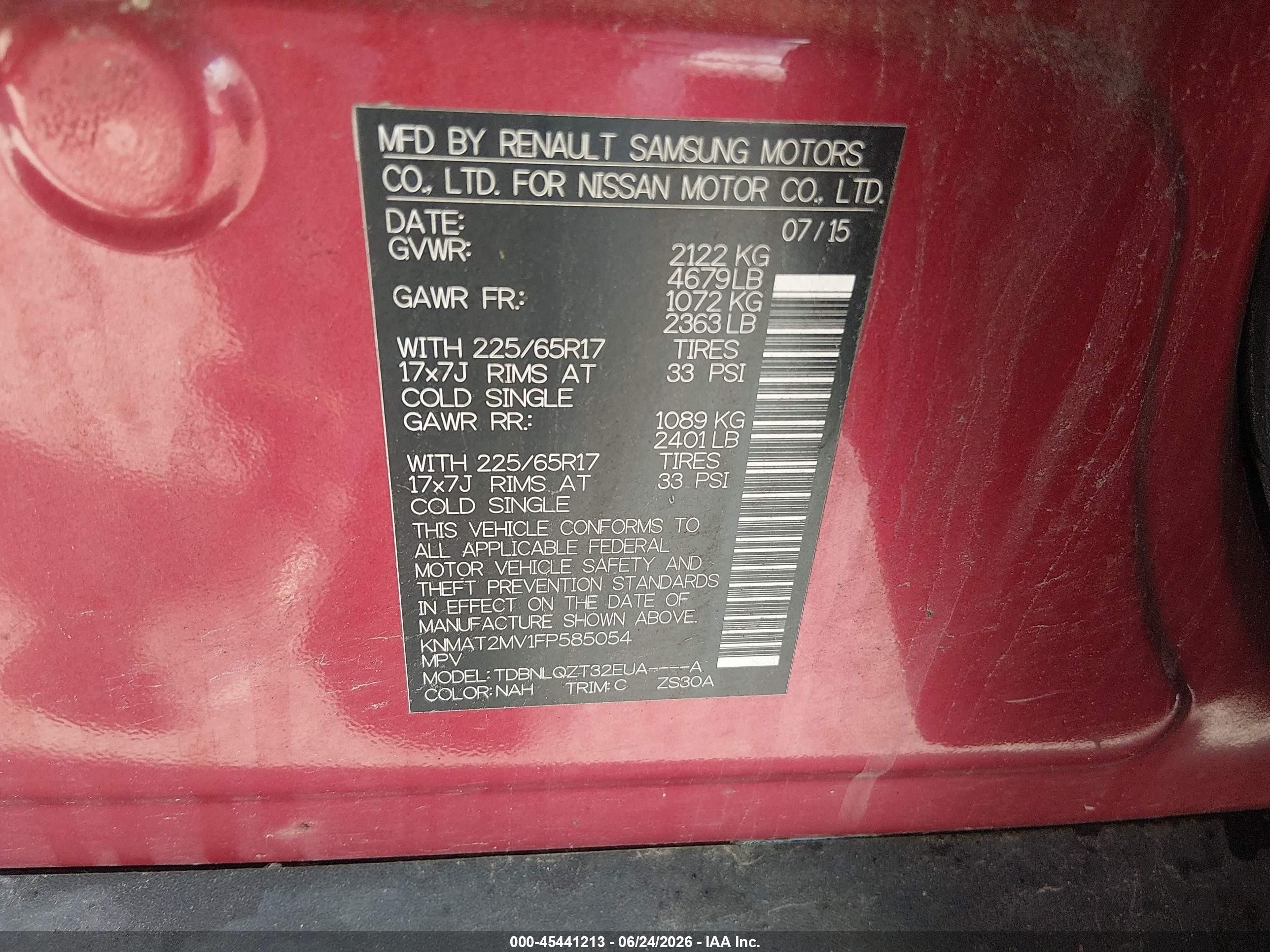 2015 Nissan Rogue Sv Red vin: KNMAT2MV1FP585054