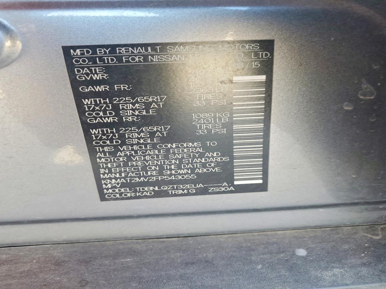 2015 Nissan Rogue Sv Gray vin: KNMAT2MV2FP543055