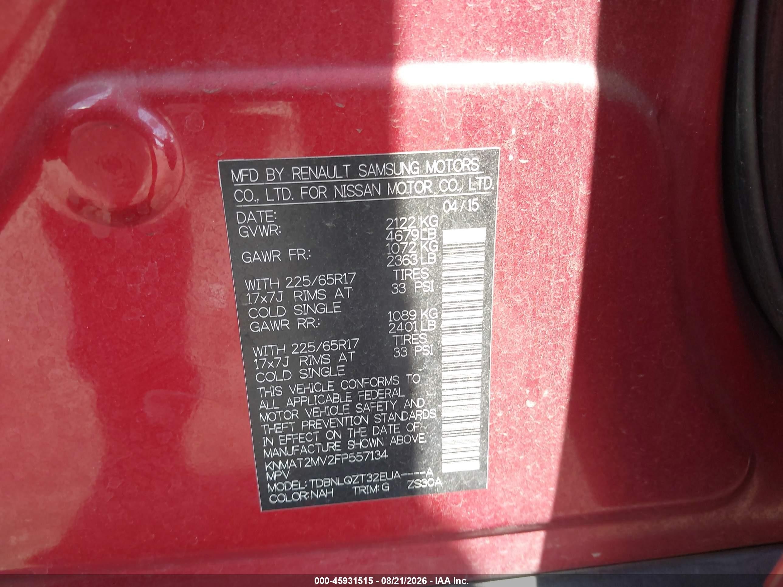 2015 Nissan Rogue Sv Burgundy vin: KNMAT2MV2FP557134
