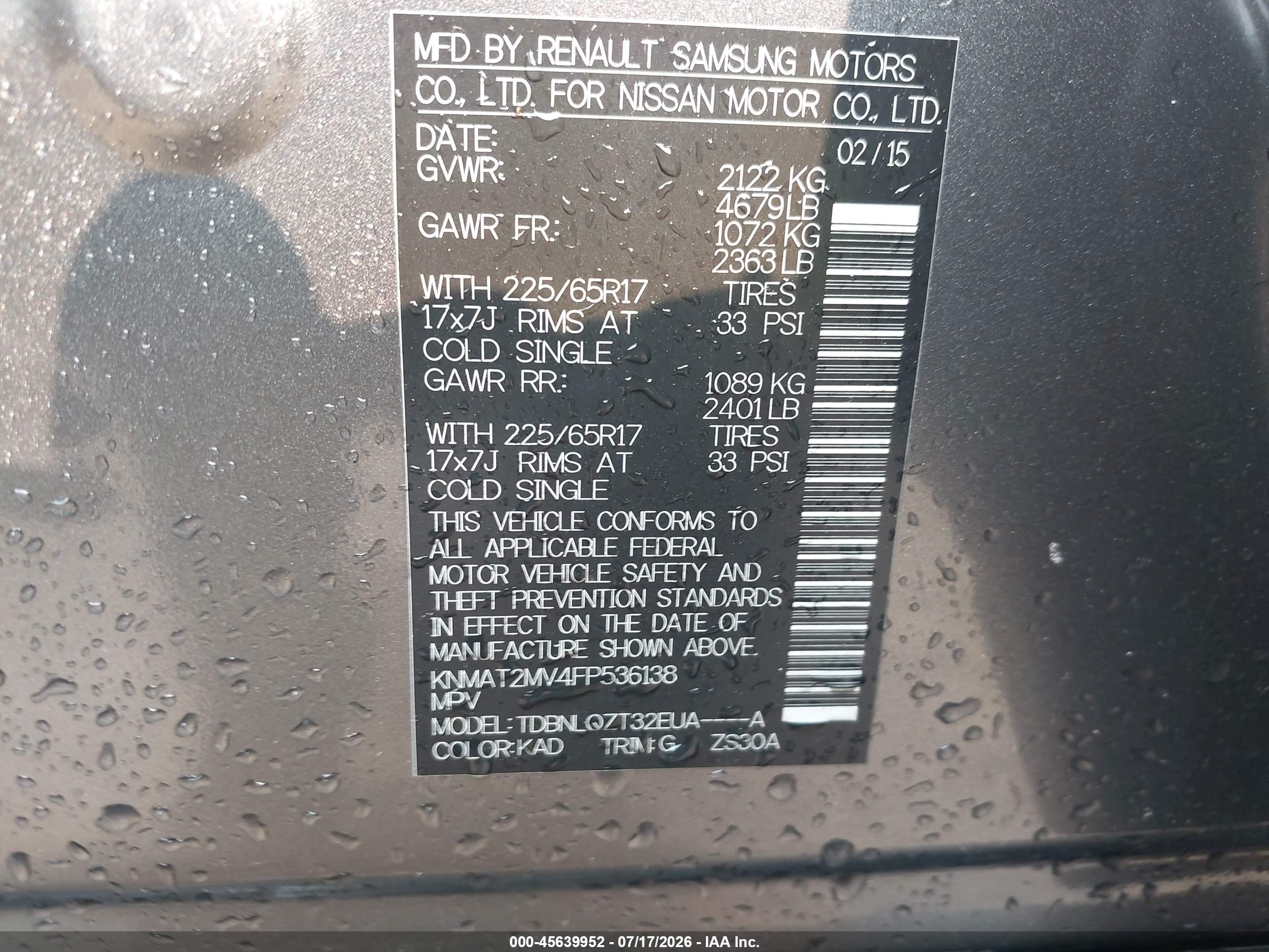 2015 Nissan Rogue Sv Gray vin: KNMAT2MV4FP536138
