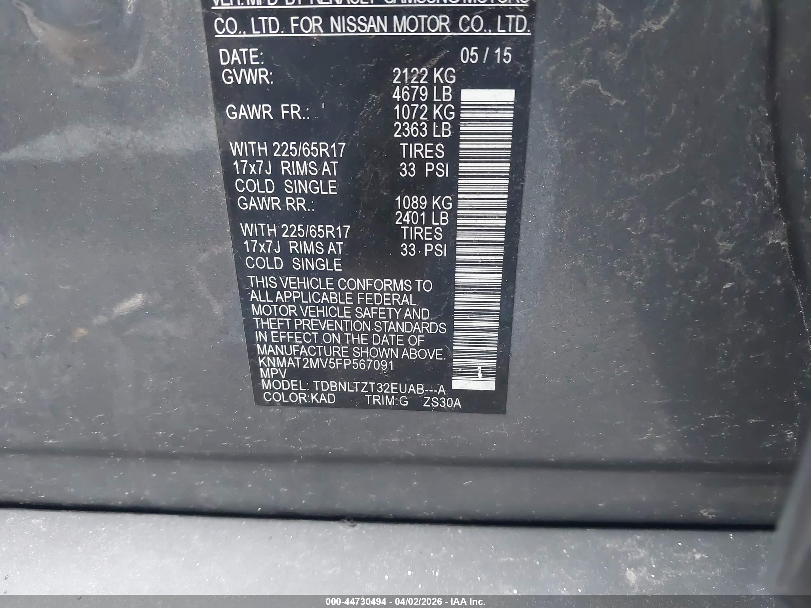 2015 Nissan Rogue Sv Gray vin: KNMAT2MV5FP567091