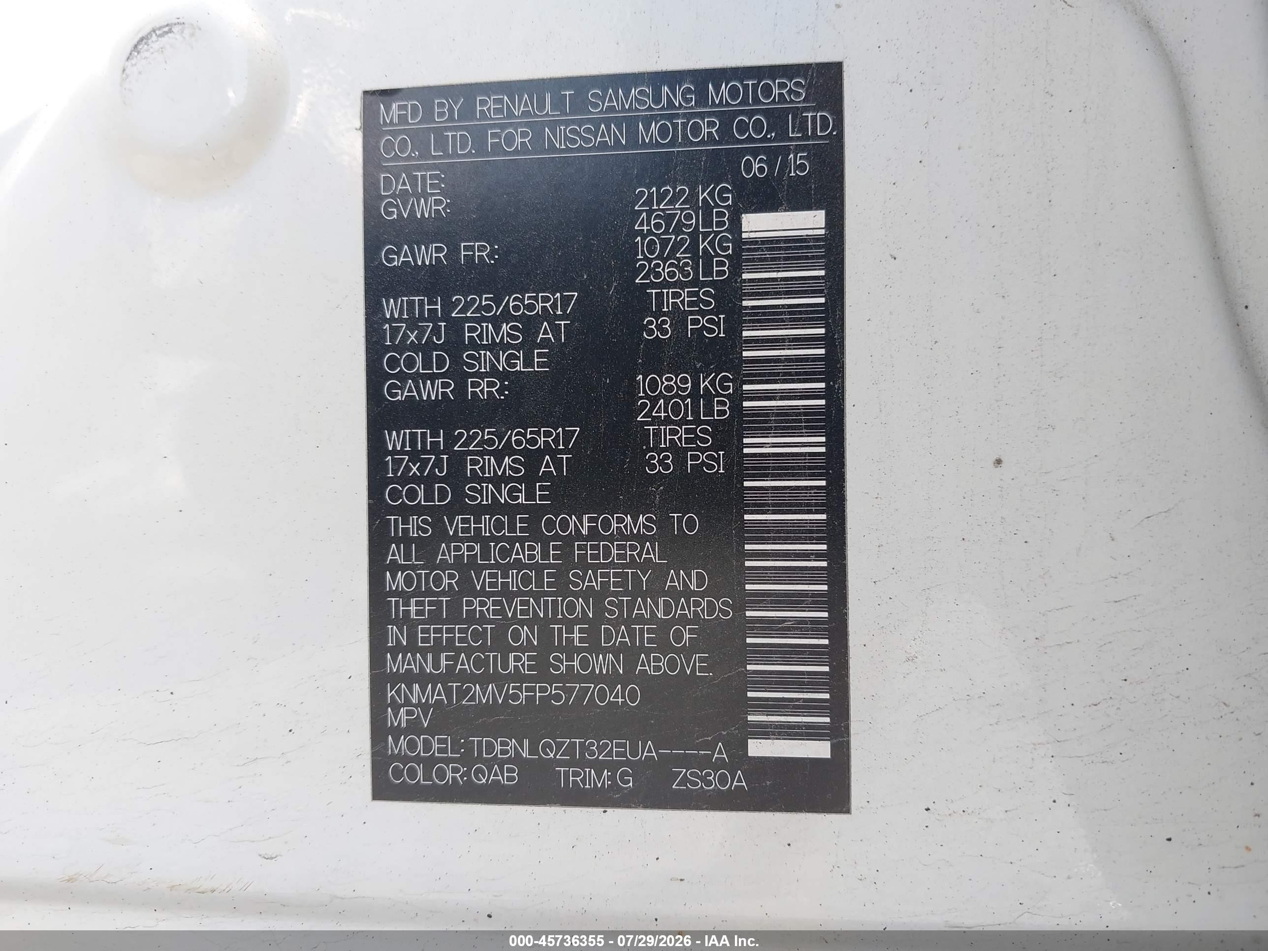 2015 Nissan Rogue Sv White vin: KNMAT2MV5FP577040