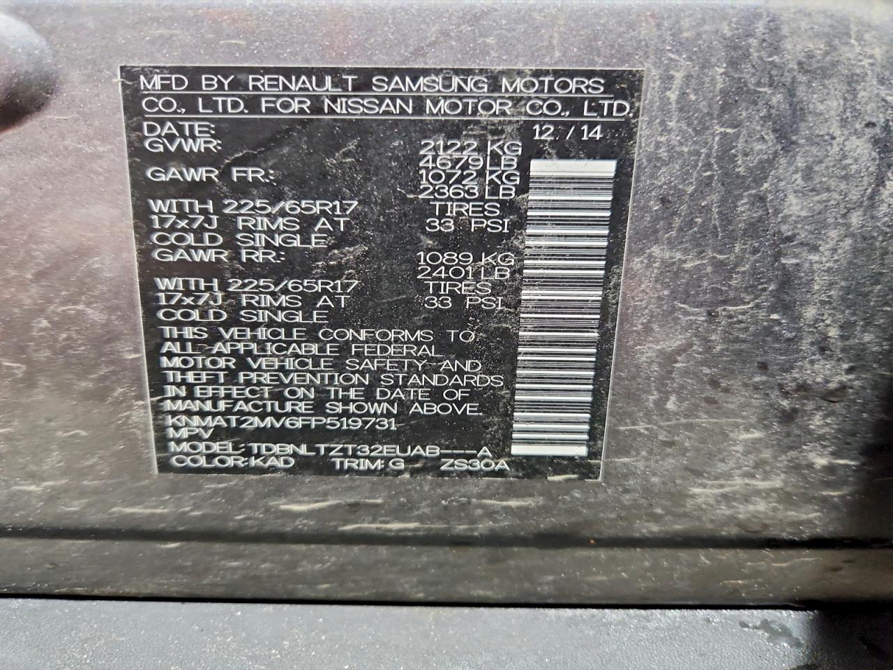 2015 Nissan Rogue Sv Gray vin: KNMAT2MV6FP519731