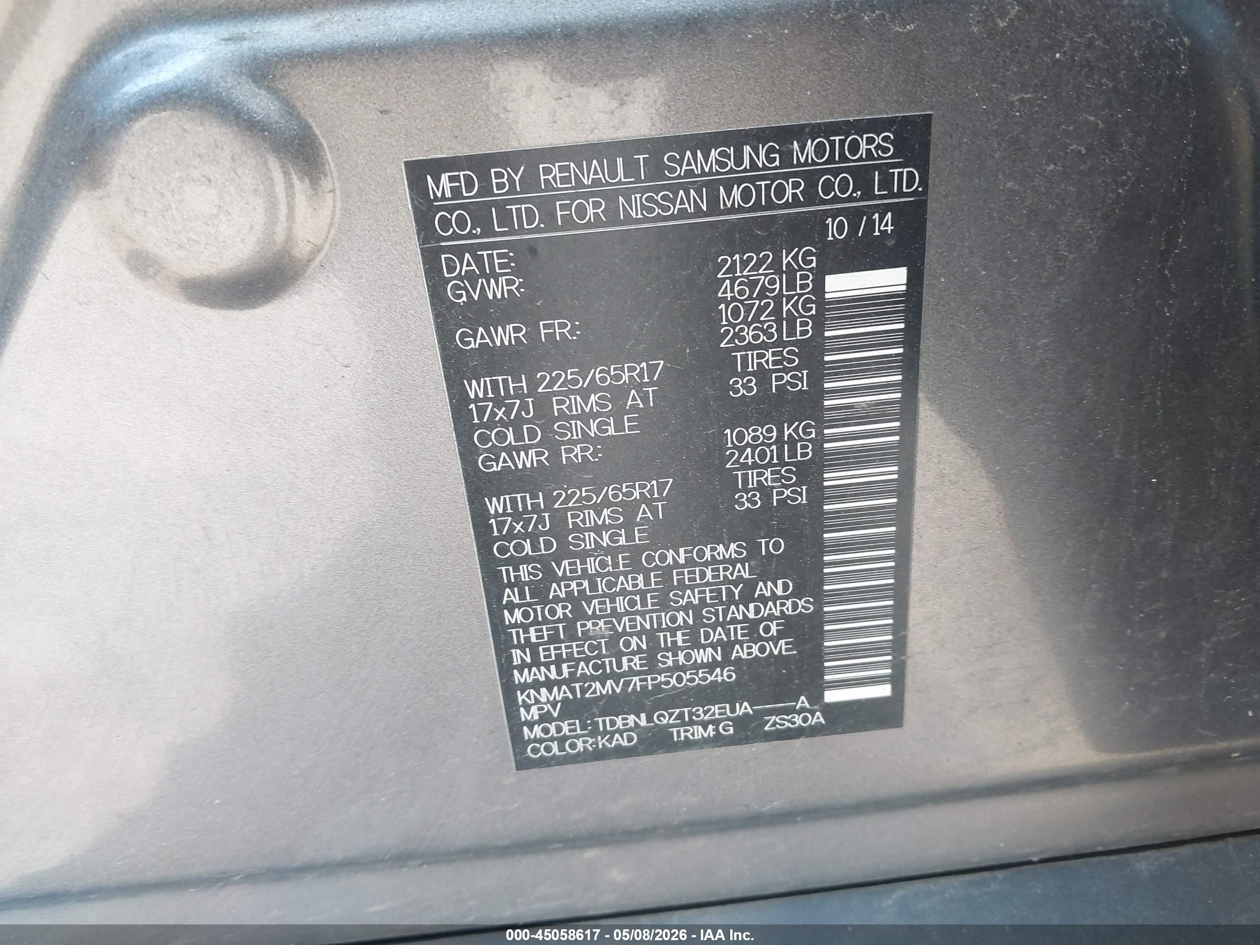 2015 Nissan Rogue Sv Gray vin: KNMAT2MV7FP505546