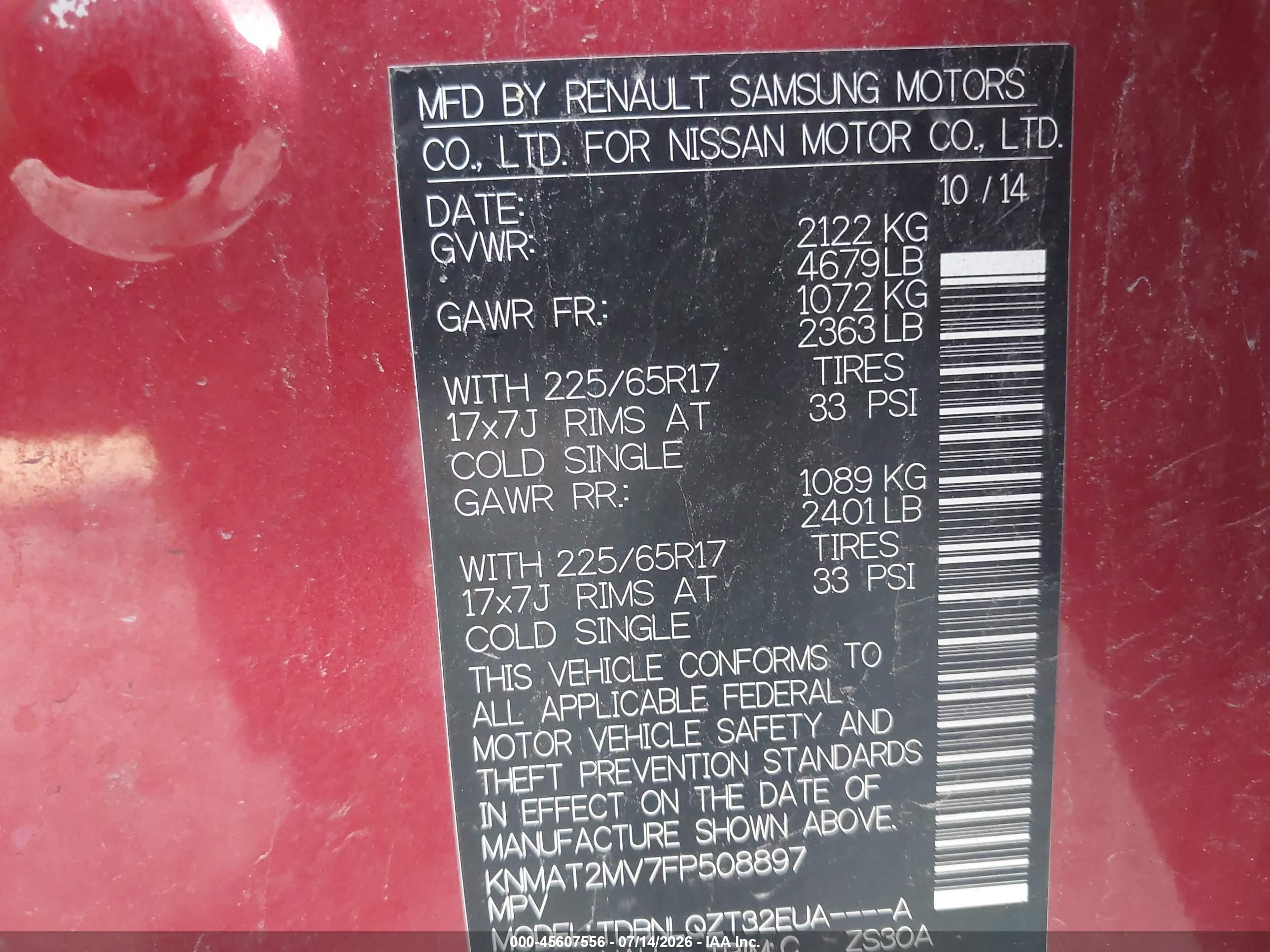 2015 Nissan Rogue Sv Burgundy vin: KNMAT2MV7FP508897