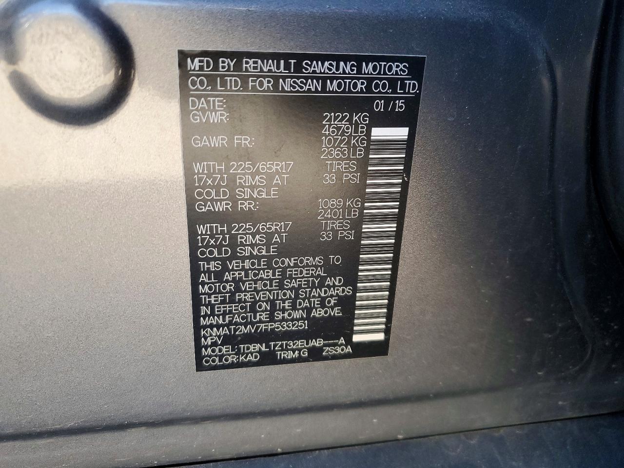 2015 Nissan Rogue Sv Gray vin: KNMAT2MV7FP533251