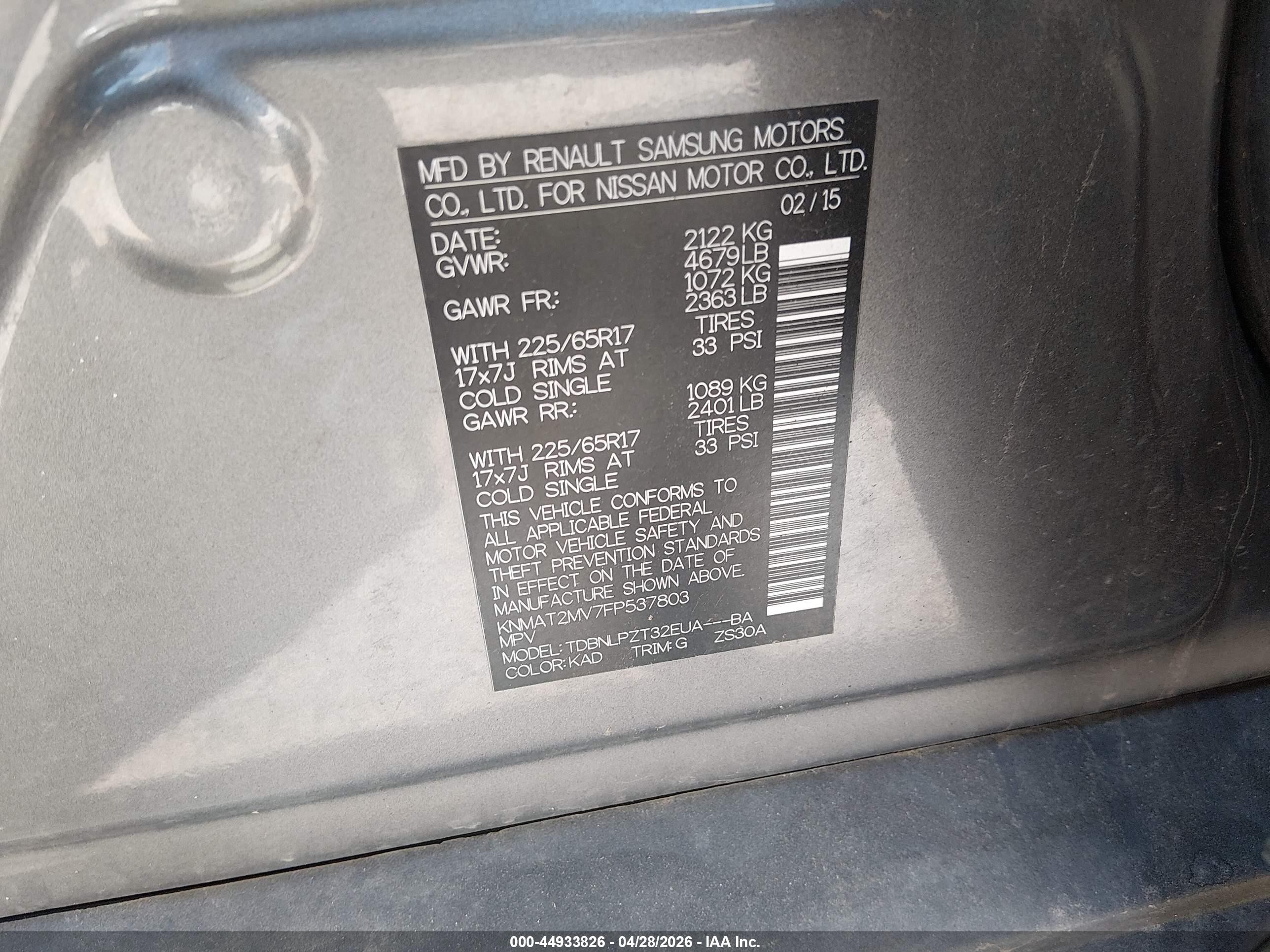 2015 Nissan Rogue S Gray vin: KNMAT2MV7FP537803
