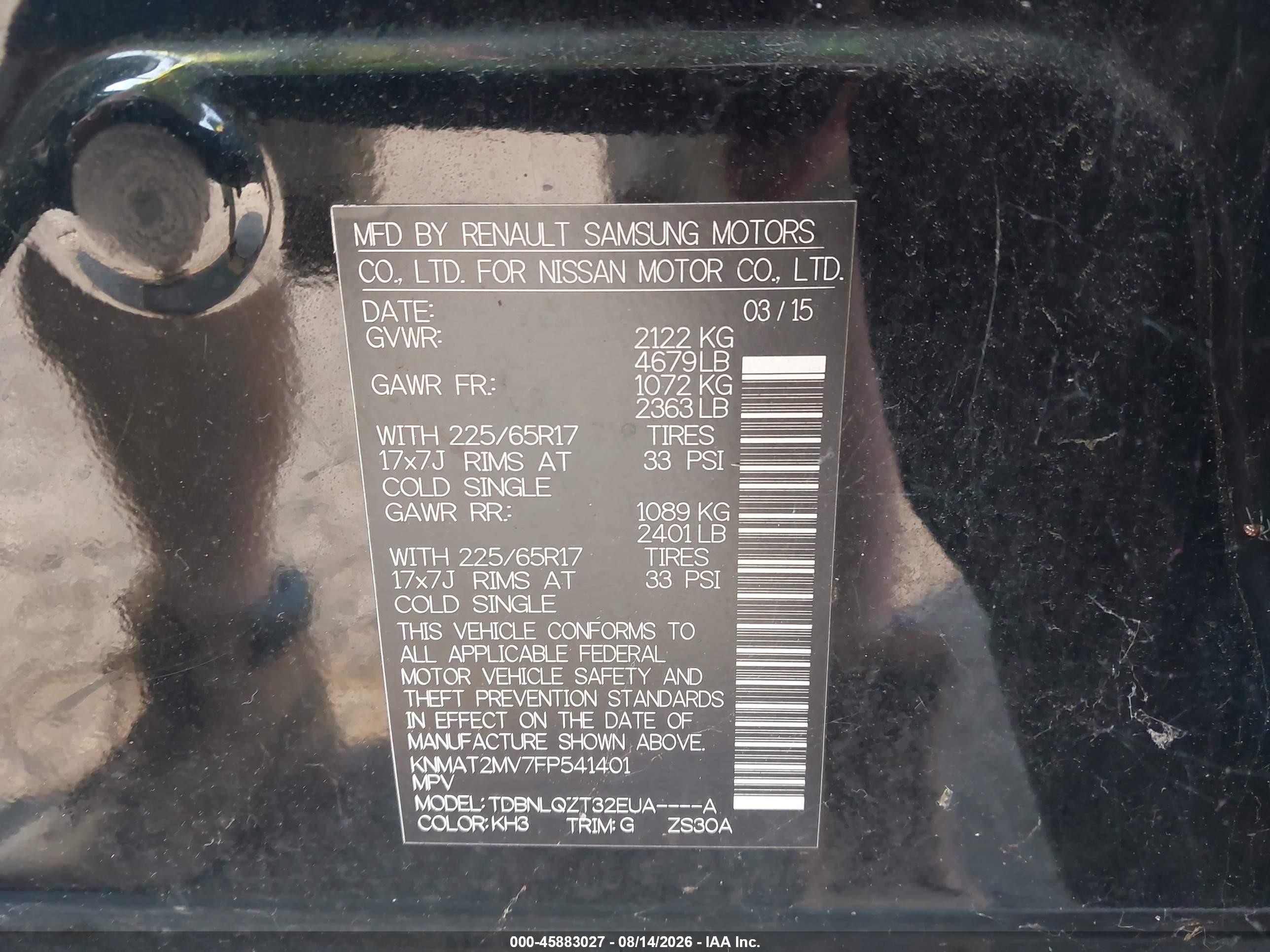 2015 Nissan Rogue S/sl/sv Black vin: KNMAT2MV7FP541401