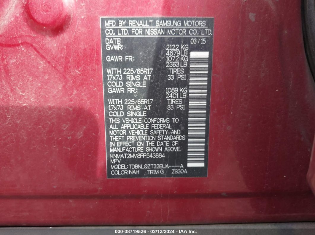 2015 Nissan Rogue Sv Red vin: KNMAT2MV8FP543884