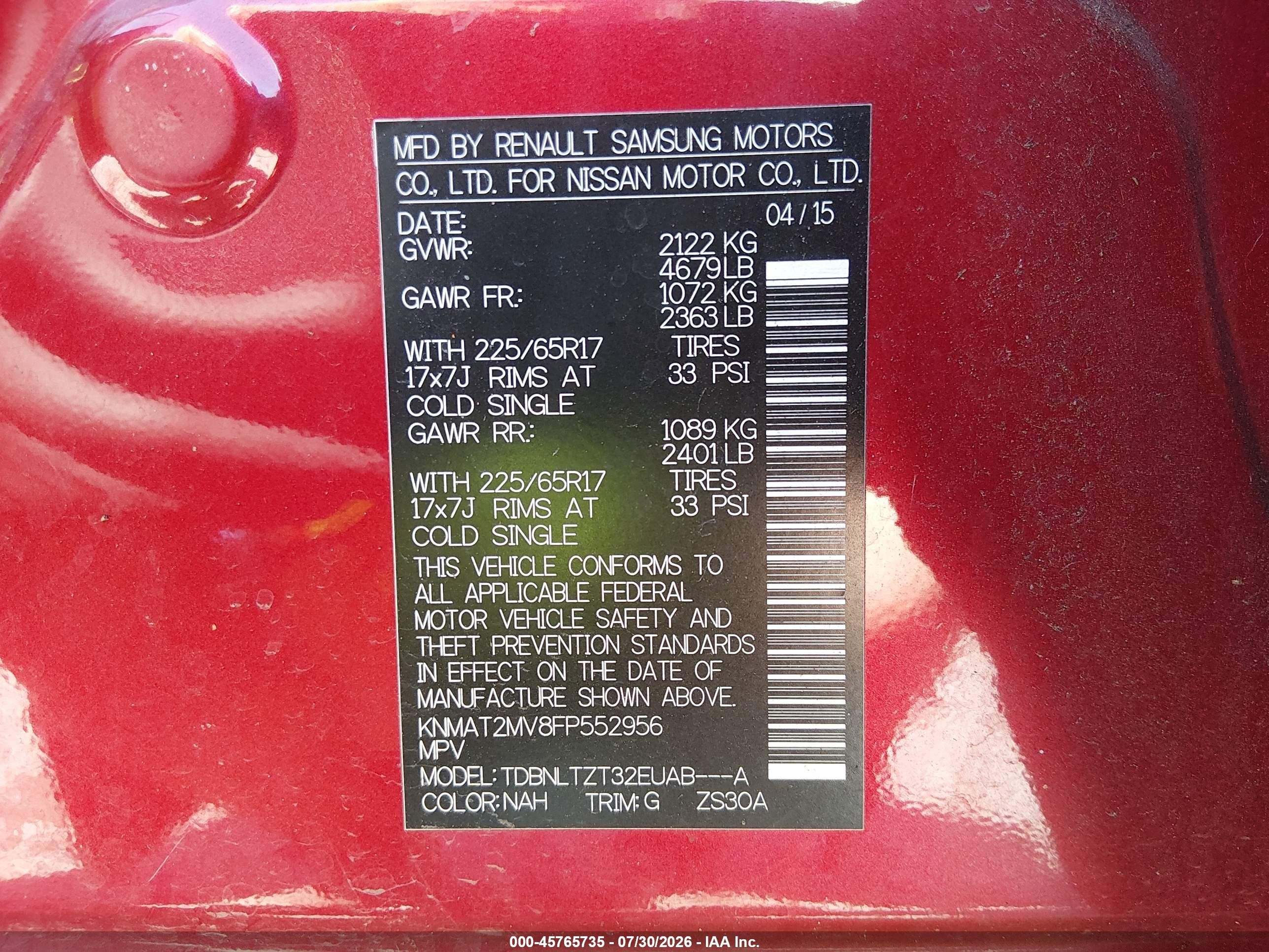 2015 Nissan Rogue Sv Red vin: KNMAT2MV8FP552956