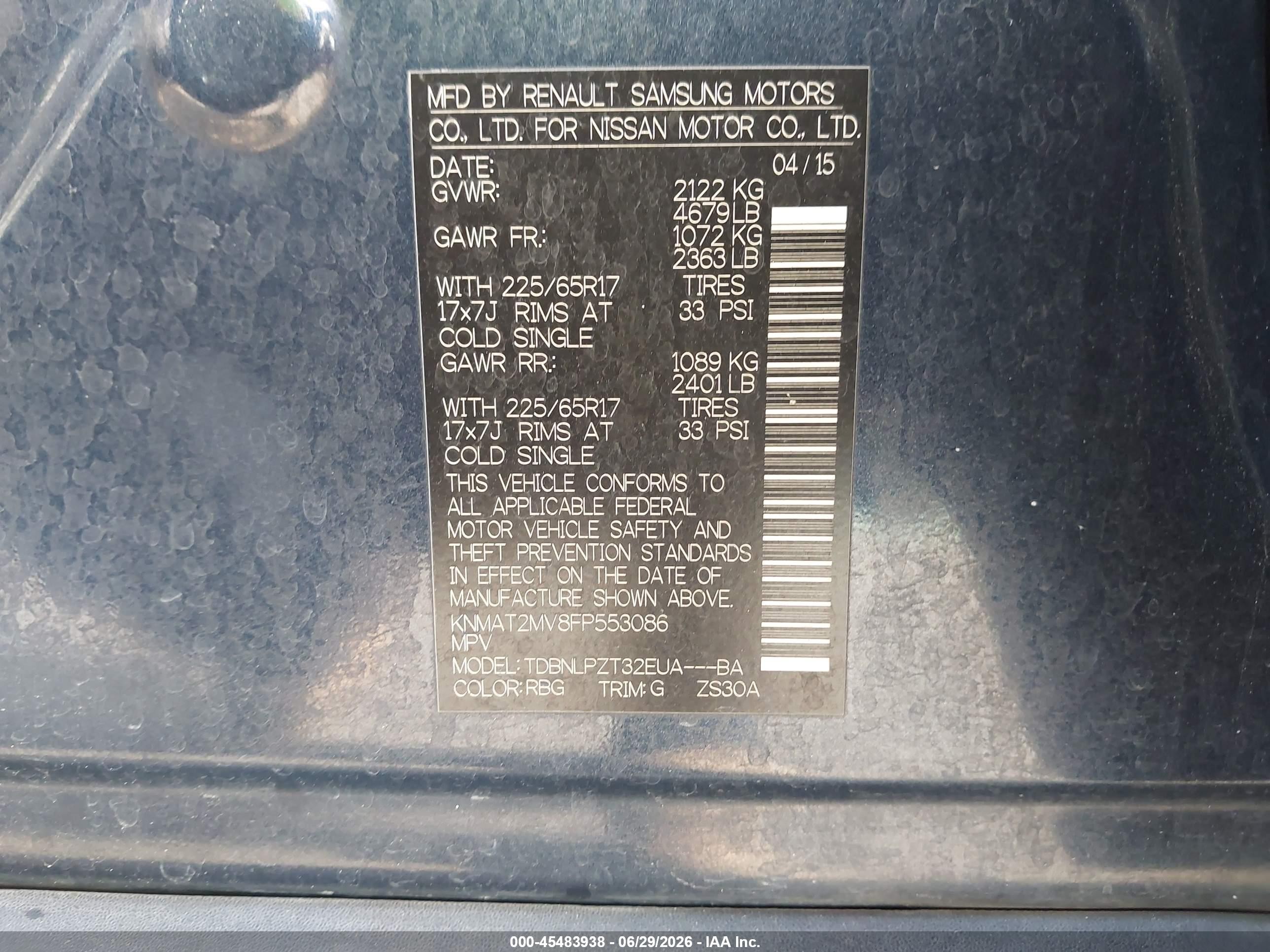 2015 Nissan Rogue S/sl/sv Blue vin: KNMAT2MV8FP553086