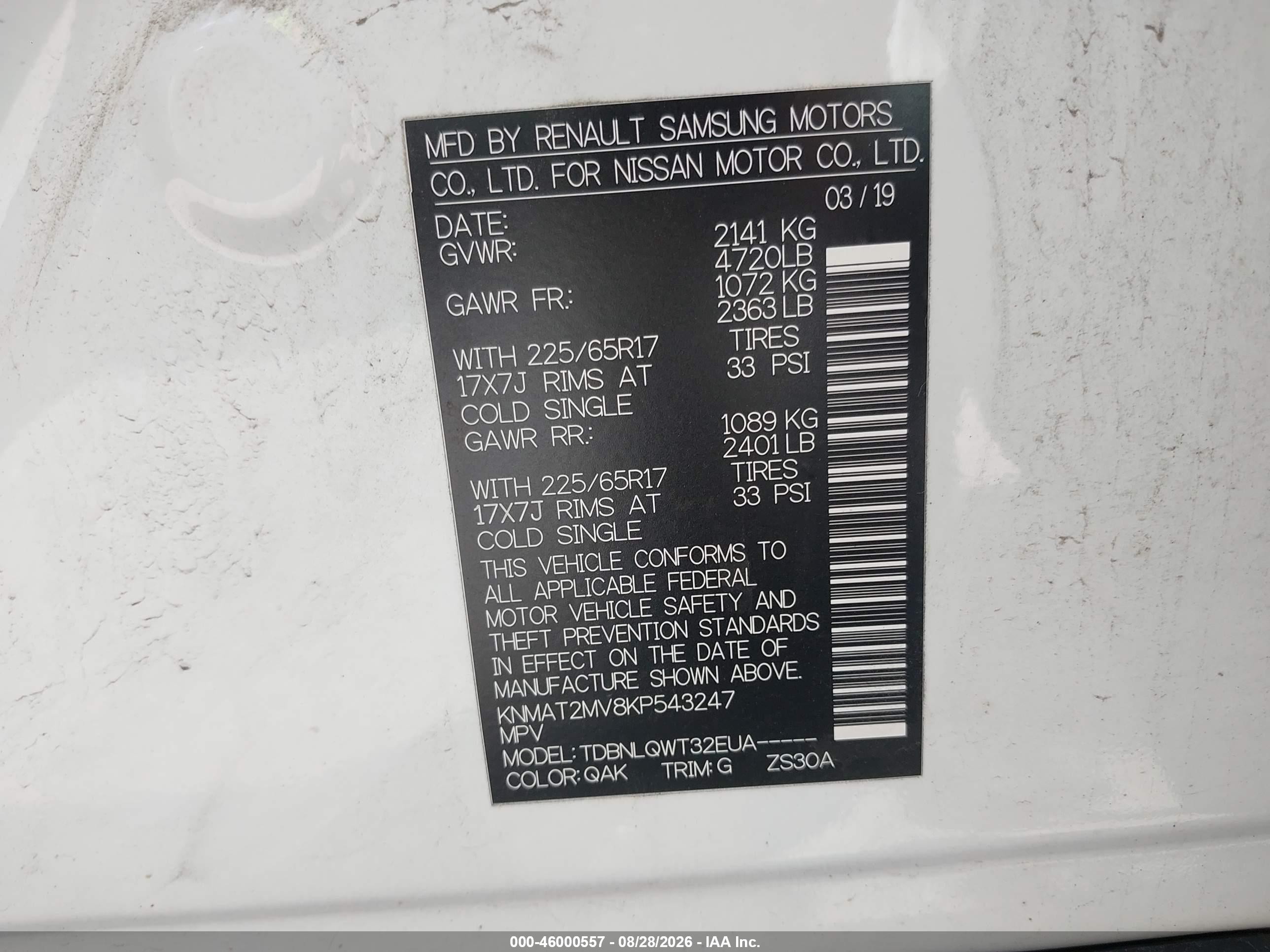 2019 Nissan Rogue Sv White vin: KNMAT2MV8KP543247