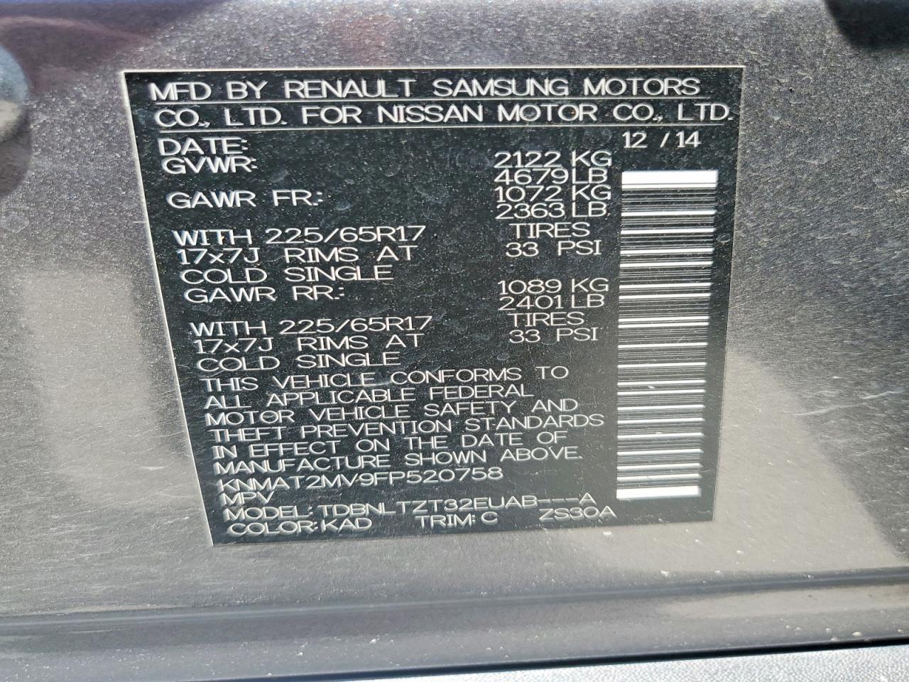 2015 Nissan Rogue Sv Gray vin: KNMAT2MV9FP520758