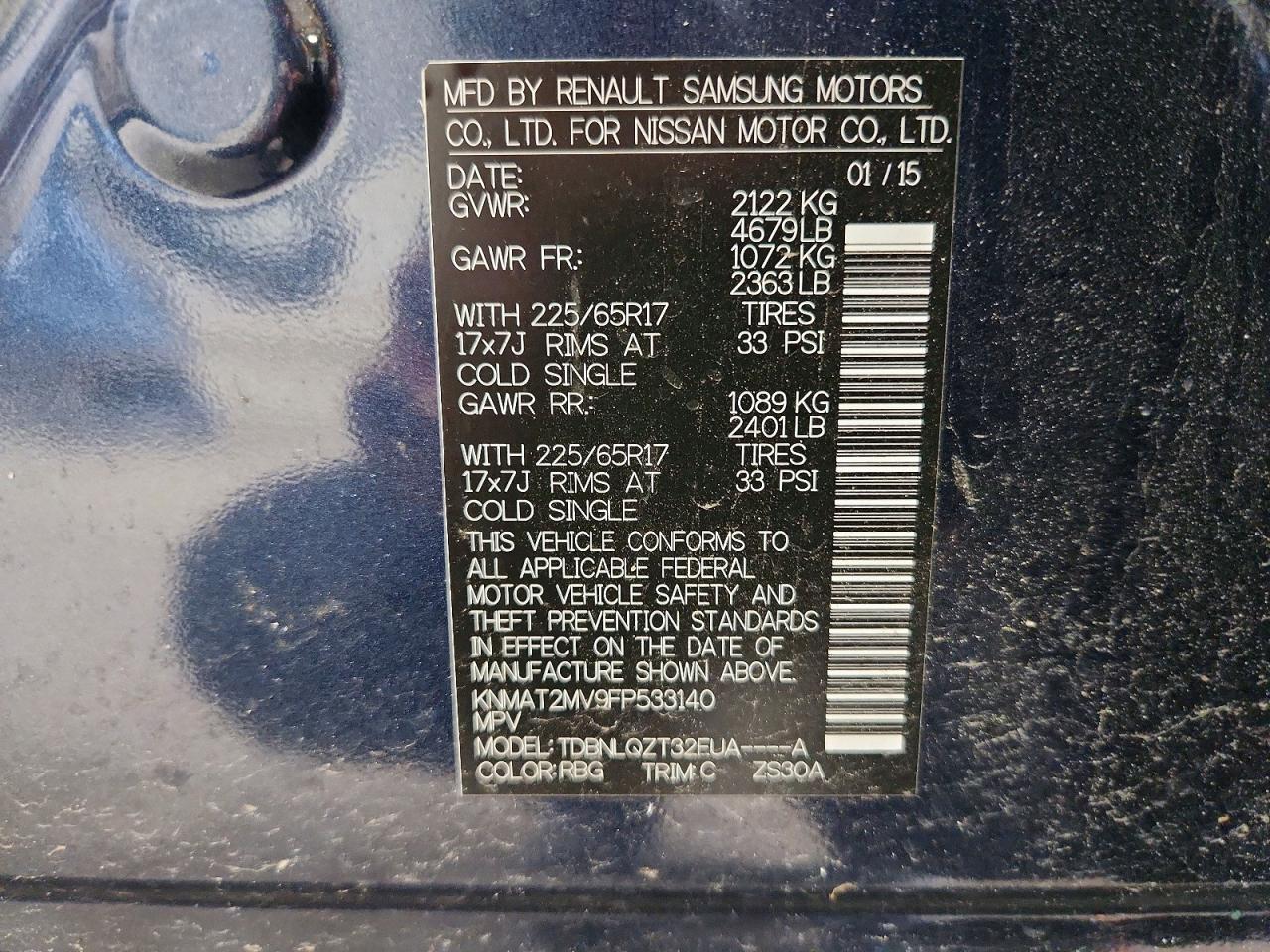 2015 Nissan Rogue Sv Blue vin: KNMAT2MV9FP533140