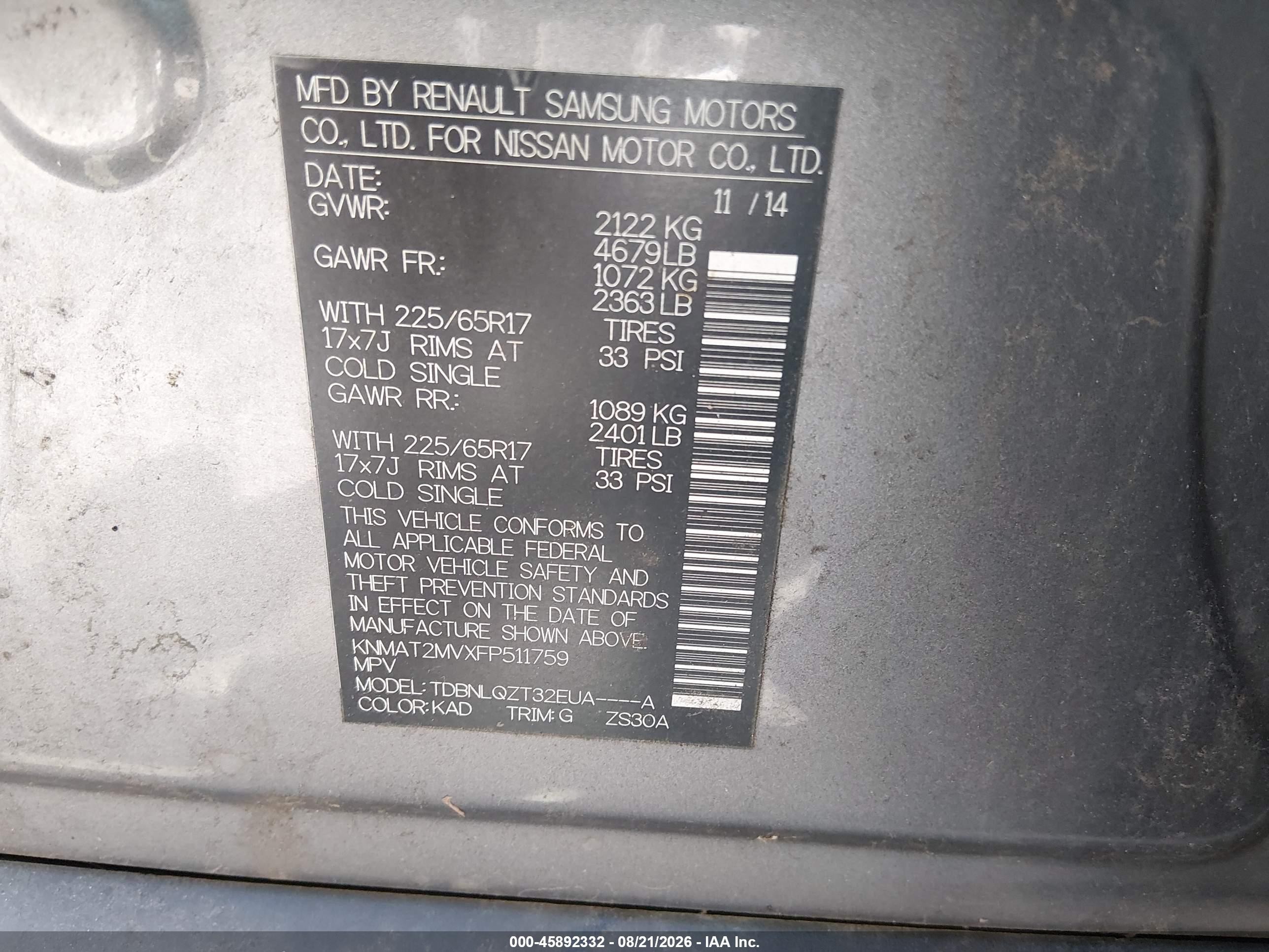 2015 Nissan Rogue Sv Gray vin: KNMAT2MVXFP511759