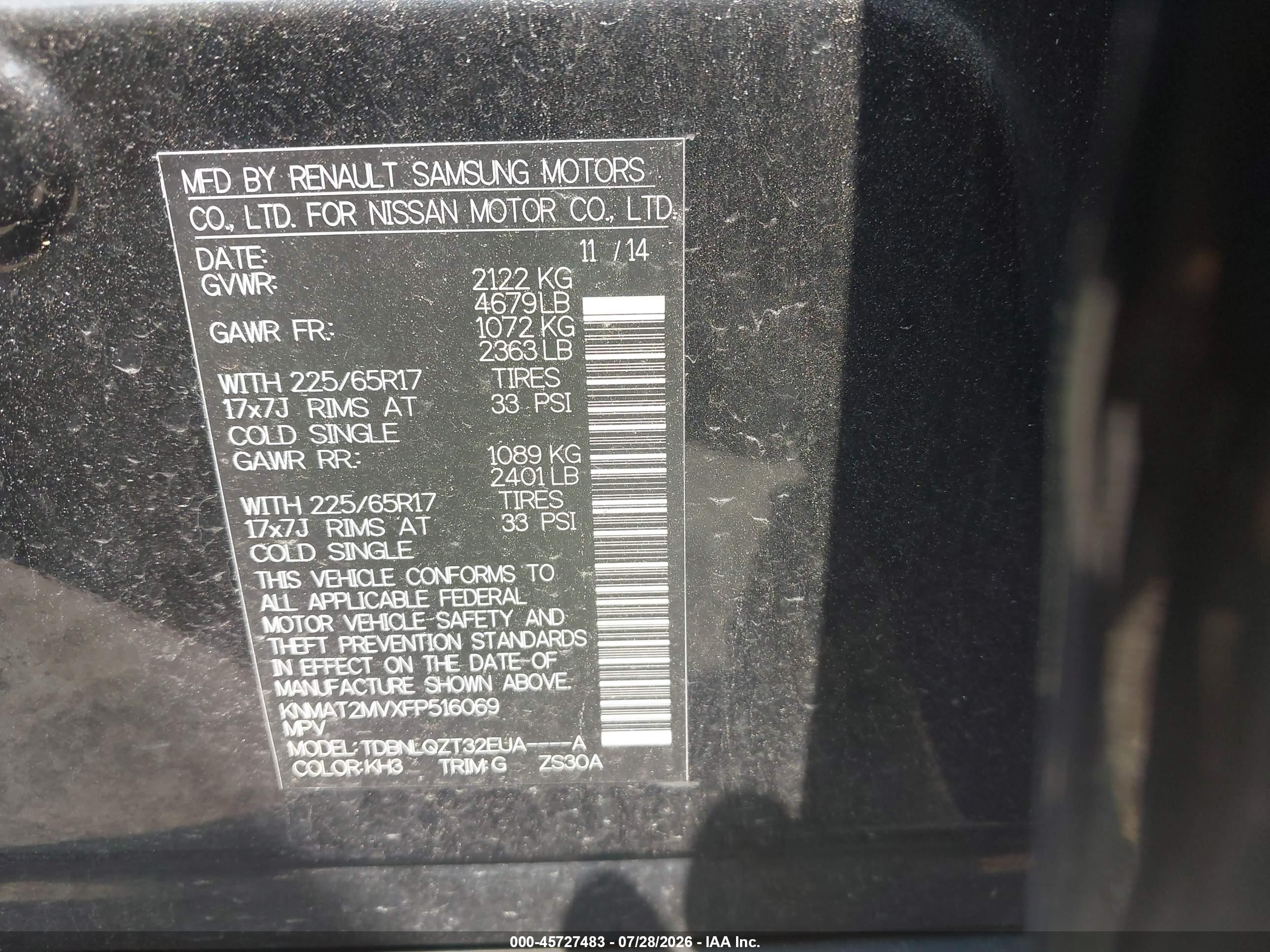 2015 Nissan Rogue Sv Black vin: KNMAT2MVXFP516069