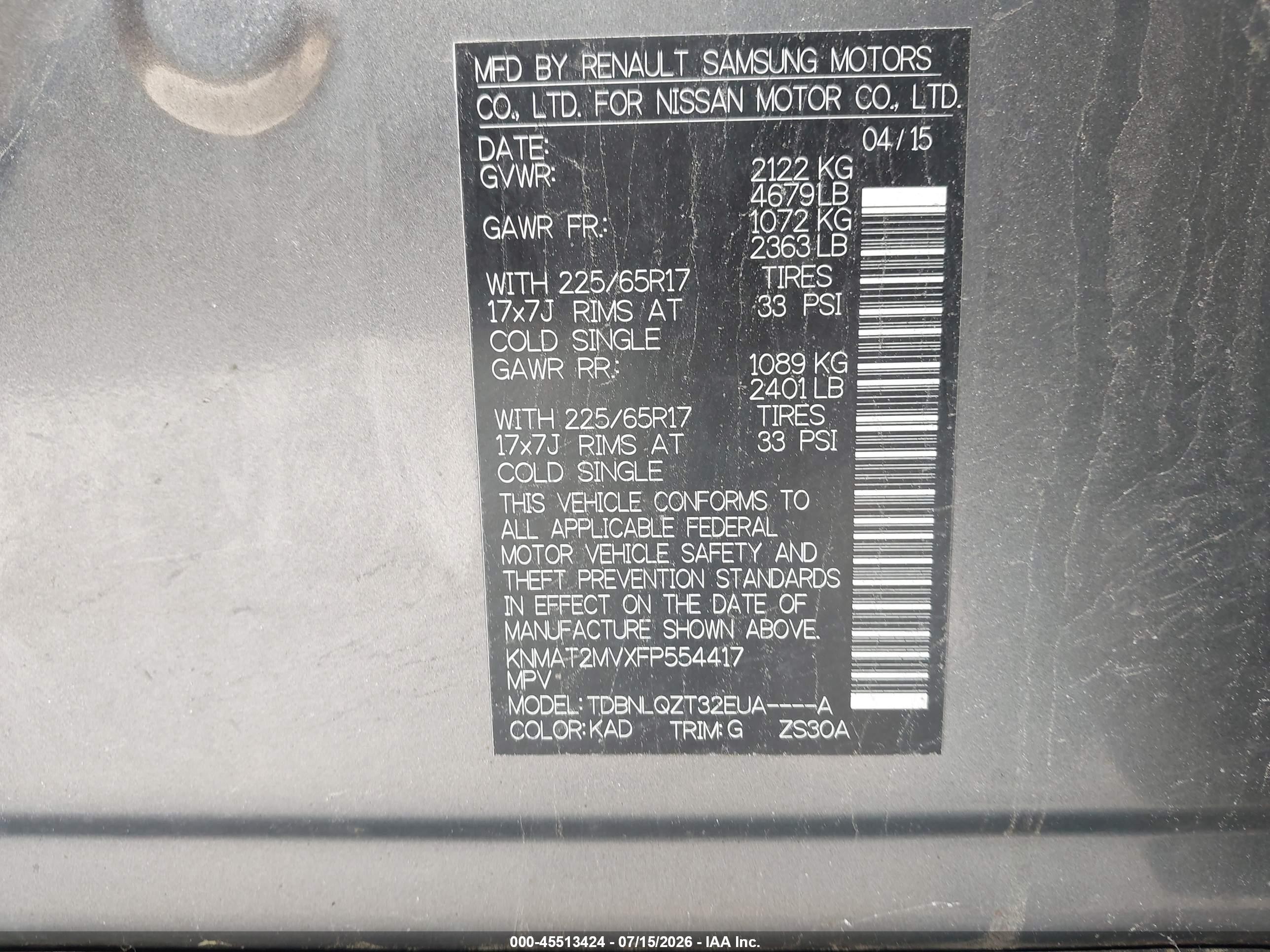 2015 Nissan Rogue Sv Gray vin: KNMAT2MVXFP554417