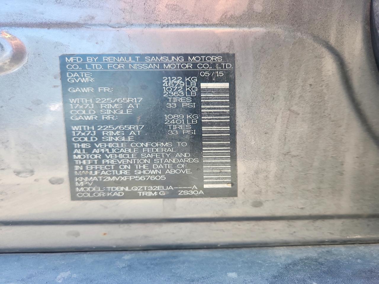 2015 Nissan Rogue Sv Gray vin: KNMAT2MVXFP567605