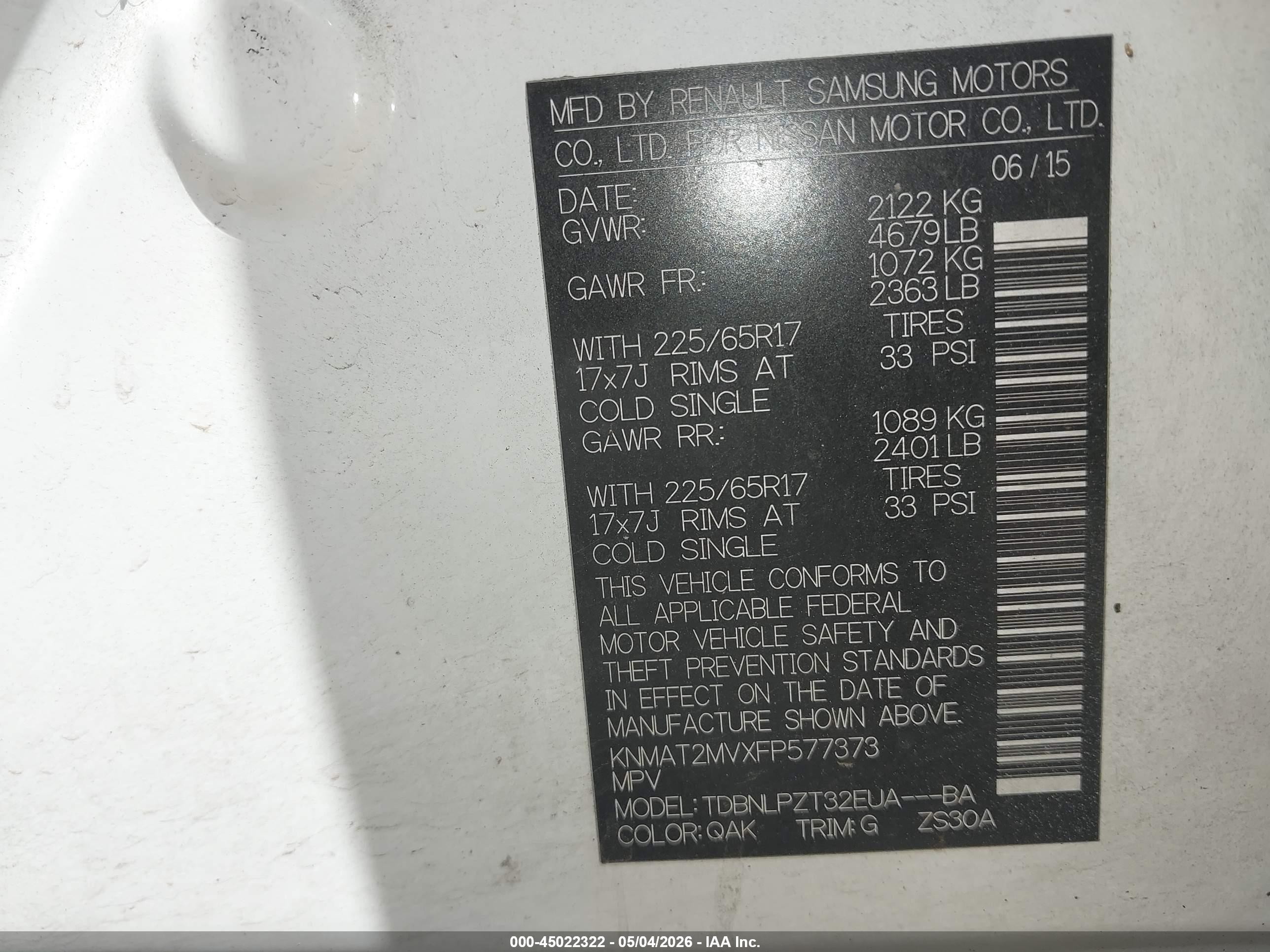 2015 Nissan Rogue S White vin: KNMAT2MVXFP577373