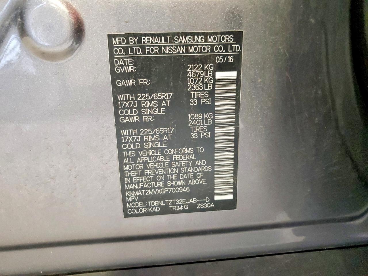 2016 Nissan Rogue Sv Charcoal vin: KNMAT2MVXGP700946
