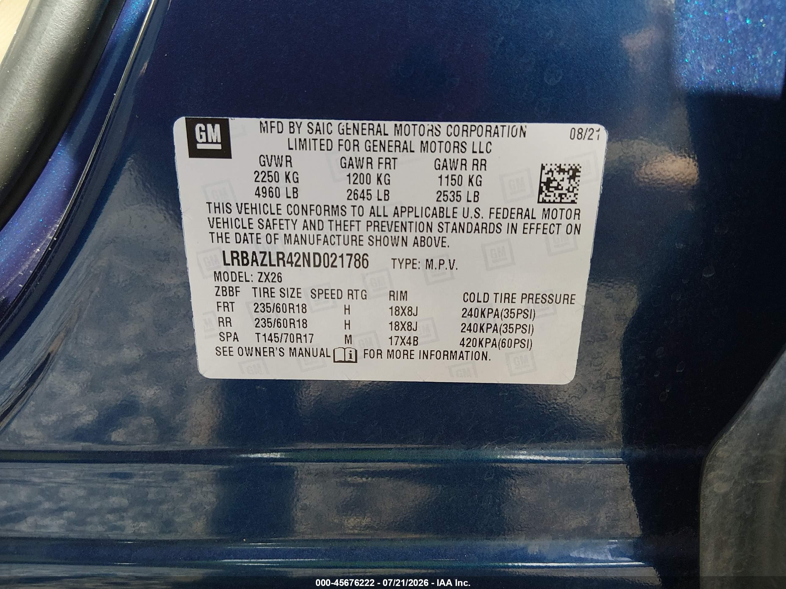 2022 Buick Envision Fwd Preferred Blue vin: LRBAZLR42ND021786