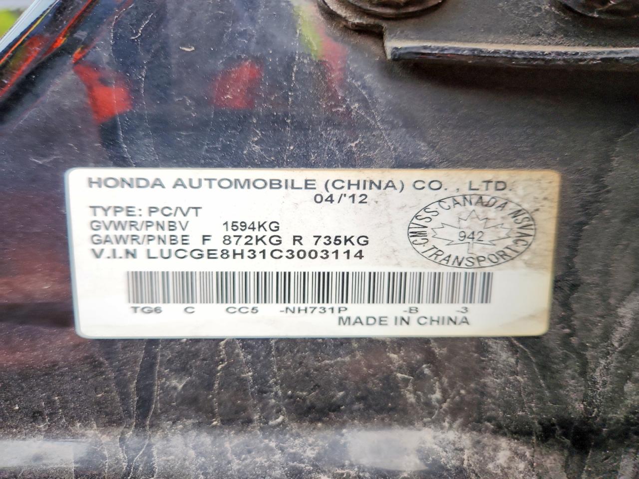 2012 Honda Fit Dx-a Black vin: LUCGE8H31C3003114