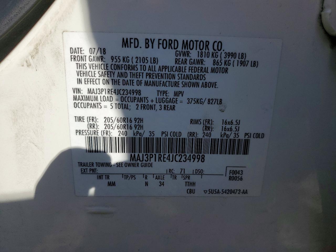 2018 Ford Ecosport S Белый vin: MAJ3P1RE4JC234998