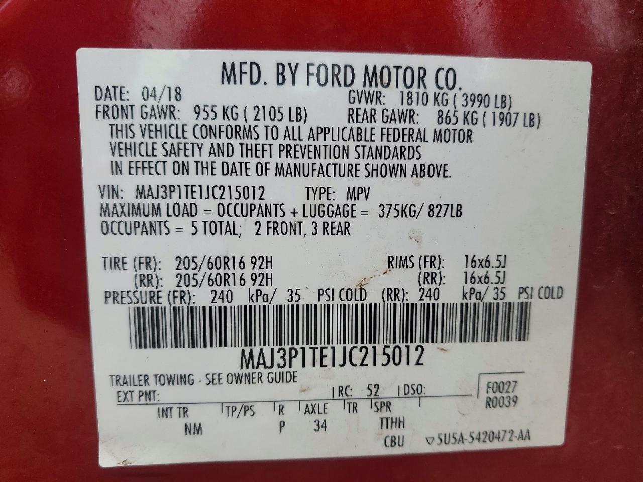 2018 Ford Ecosport Se Red vin: MAJ3P1TE1JC215012