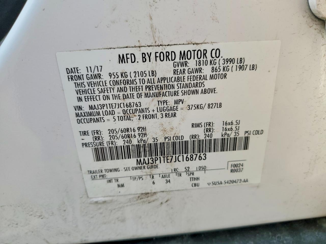 2018 Ford Ecosport Se White vin: MAJ3P1TE7JC168763