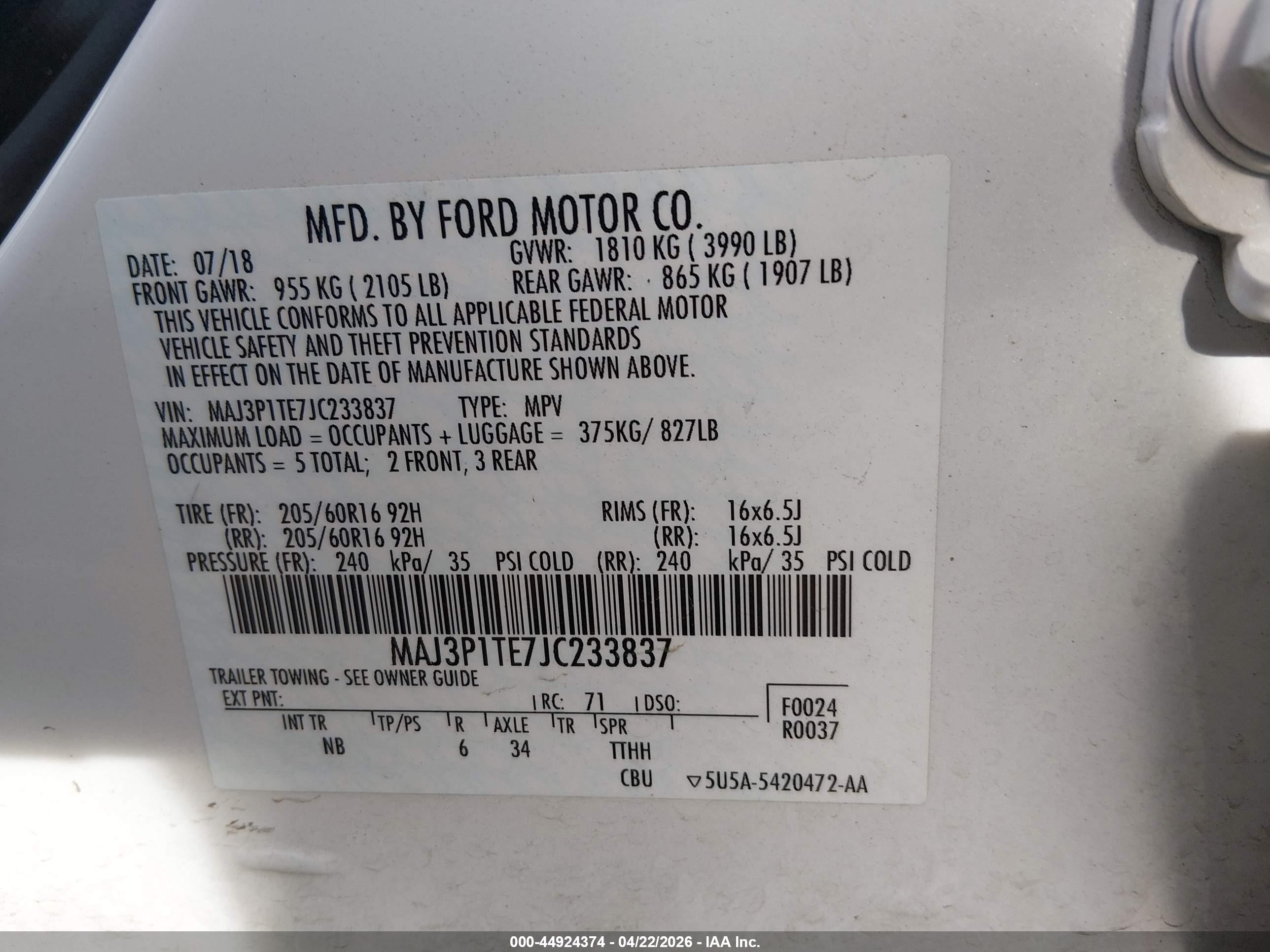 2018 Ford Ecosport Se White vin: MAJ3P1TE7JC233837
