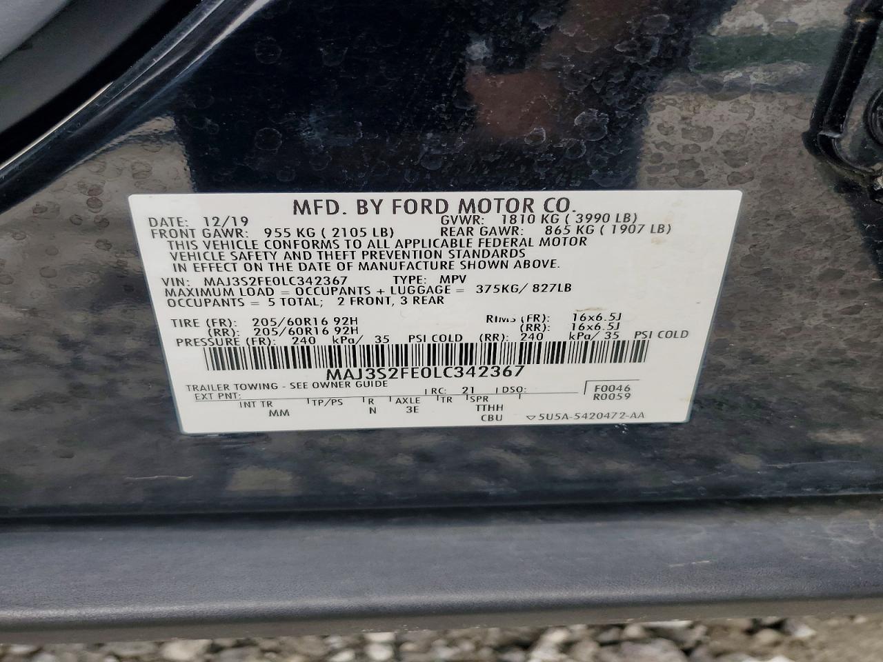2020 Ford Ecosport S Black vin: MAJ3S2FE0LC342367
