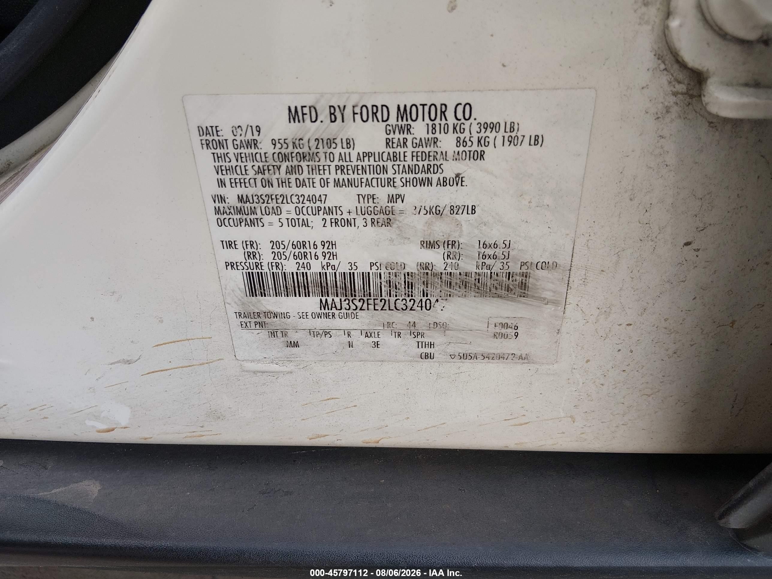 2020 Ford Ecosport S Белый vin: MAJ3S2FE2LC324047