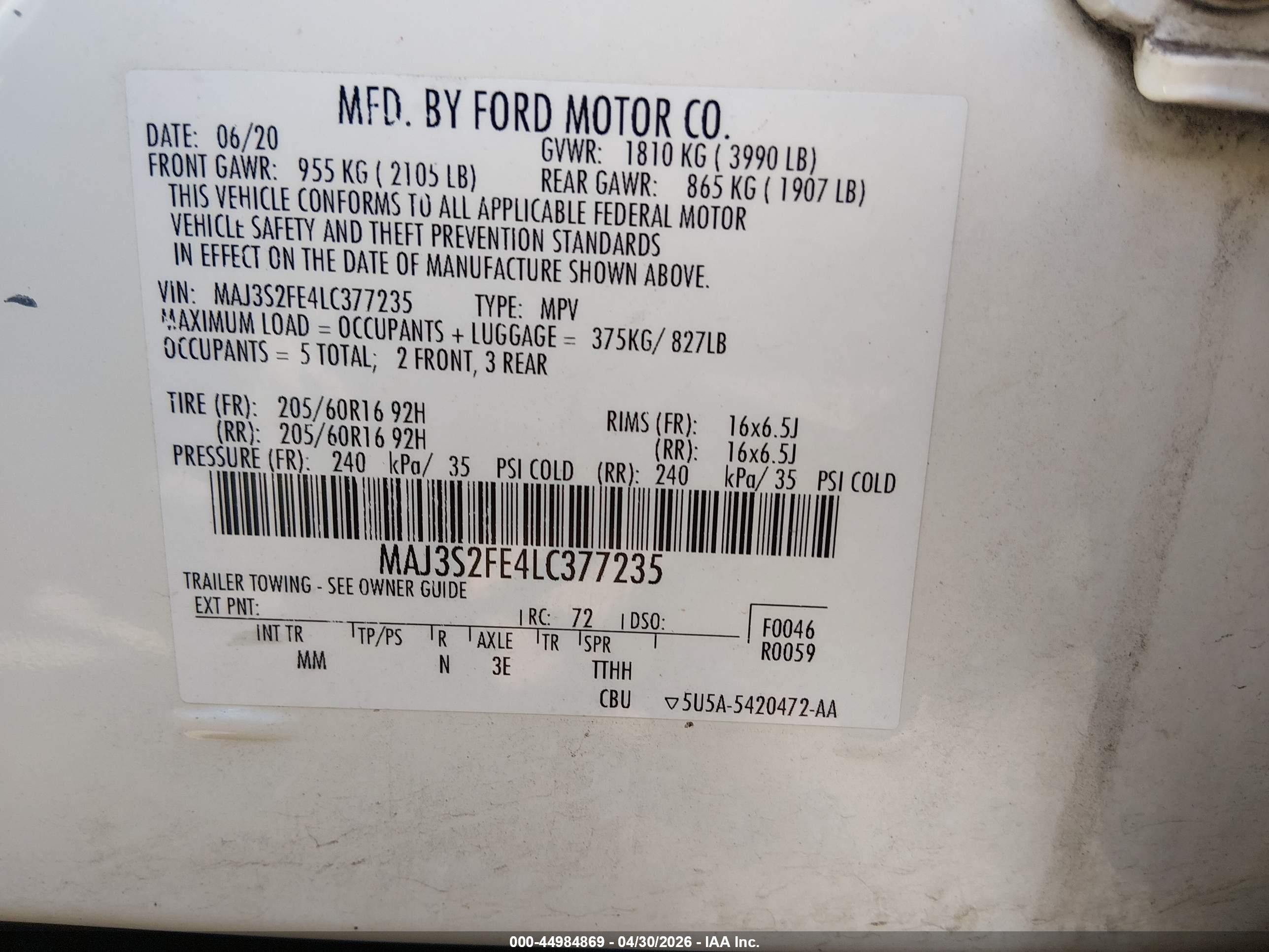 2020 Ford Ecosport S Белый vin: MAJ3S2FE4LC377235