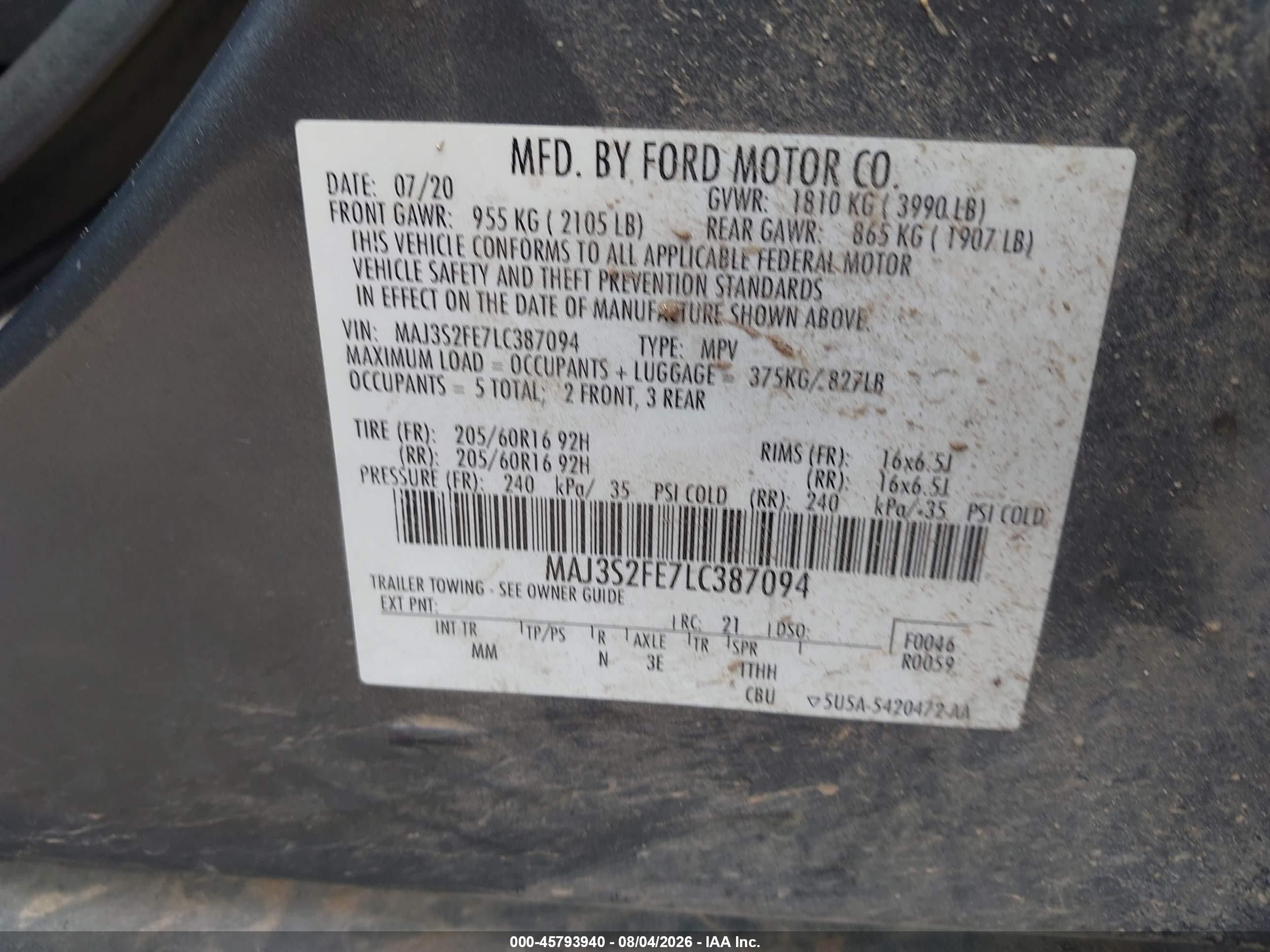 2020 Ford Ecosport S Gray vin: MAJ3S2FE7LC387094