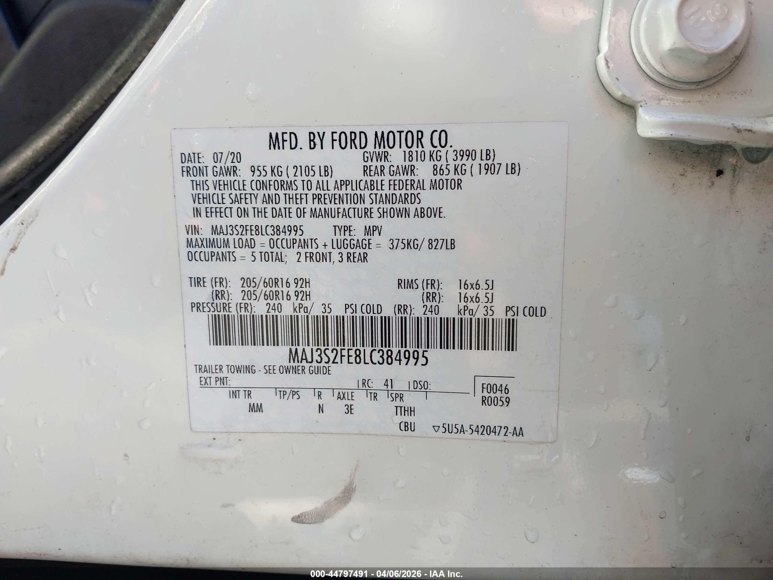 2020 Ford Ecosport S White vin: MAJ3S2FE8LC384995