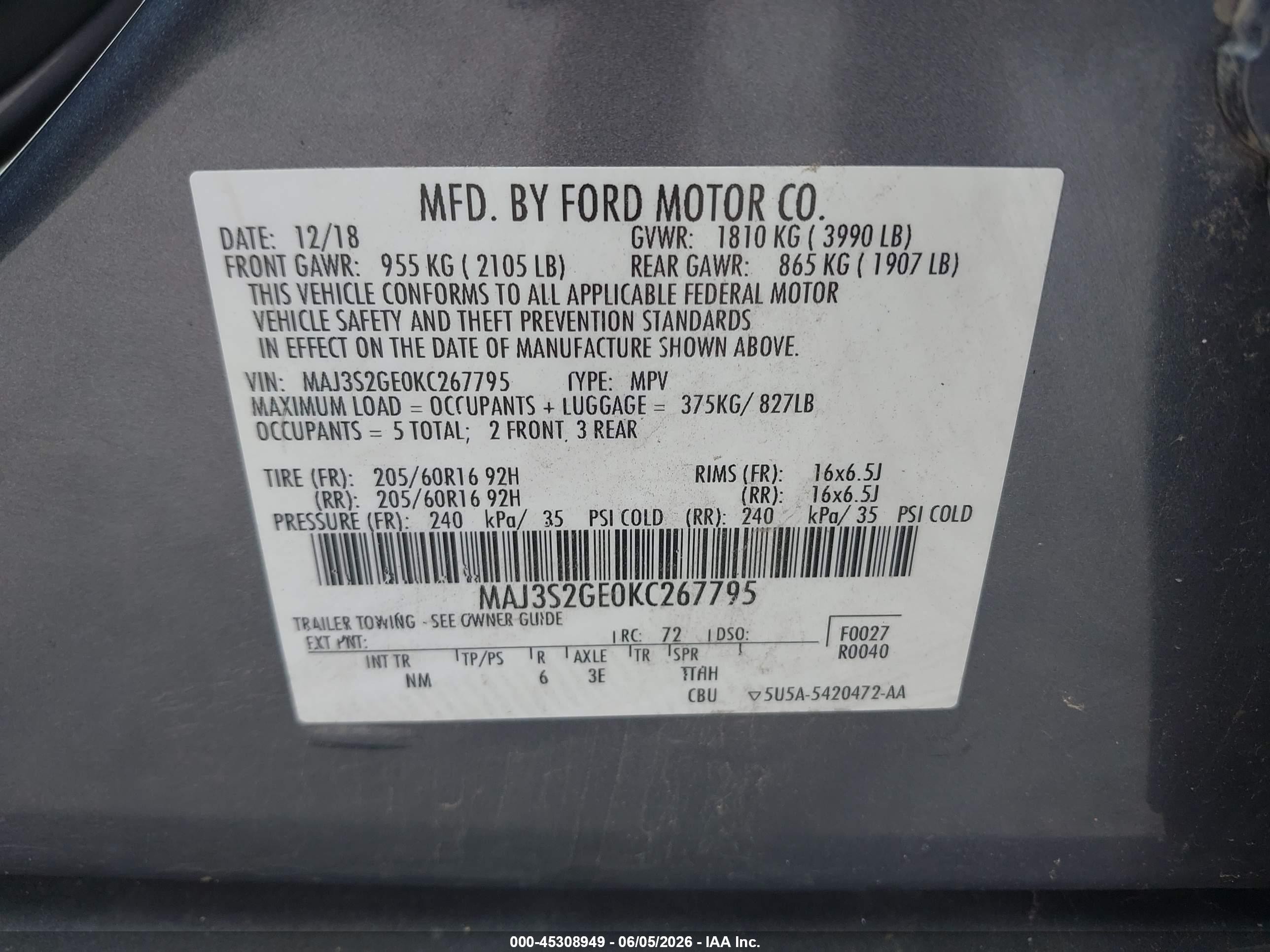 2019 Ford Ecosport Se Gray vin: MAJ3S2GE0KC267795