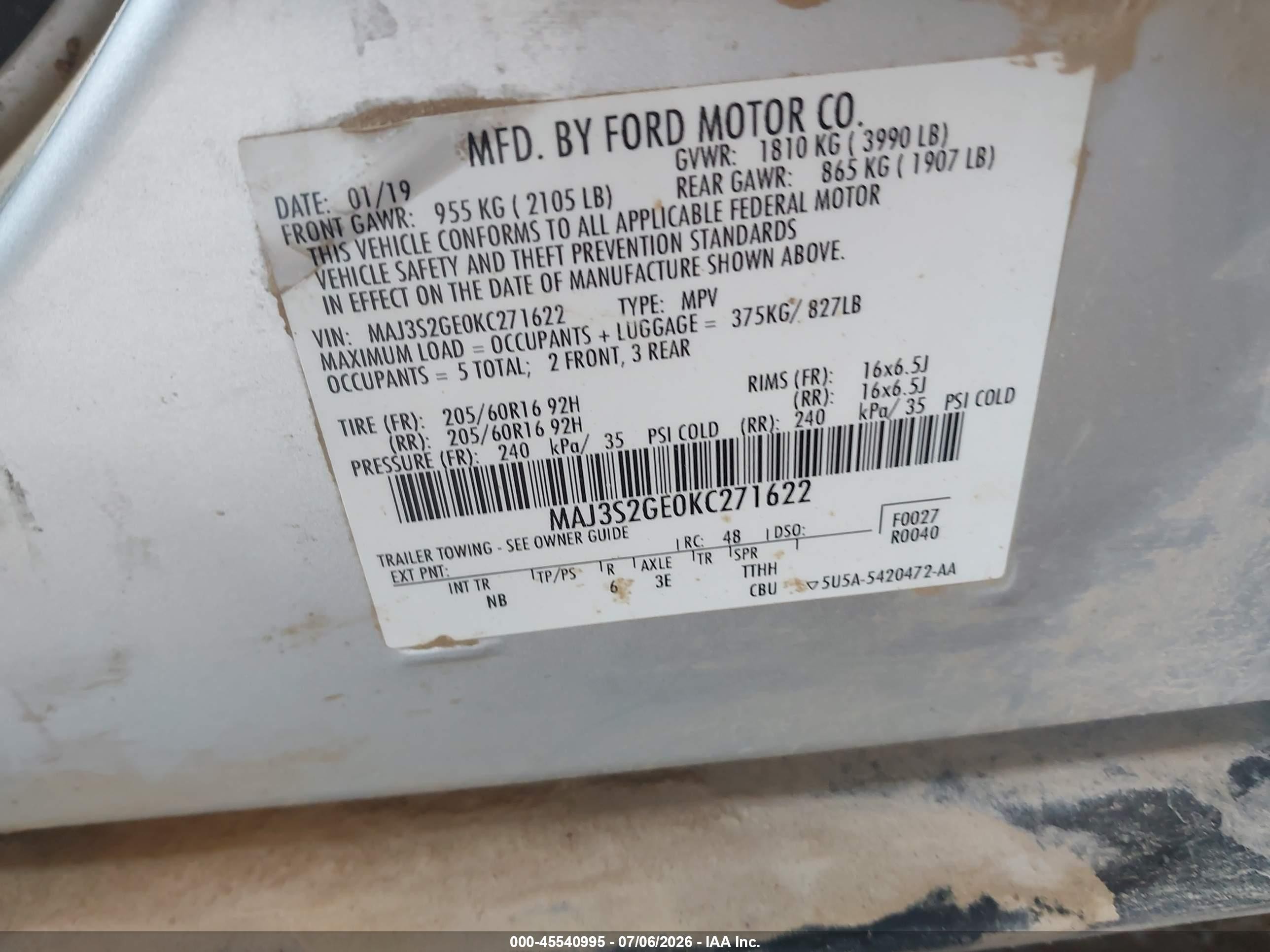 2019 Ford Ecosport Se Silver vin: MAJ3S2GE0KC271622